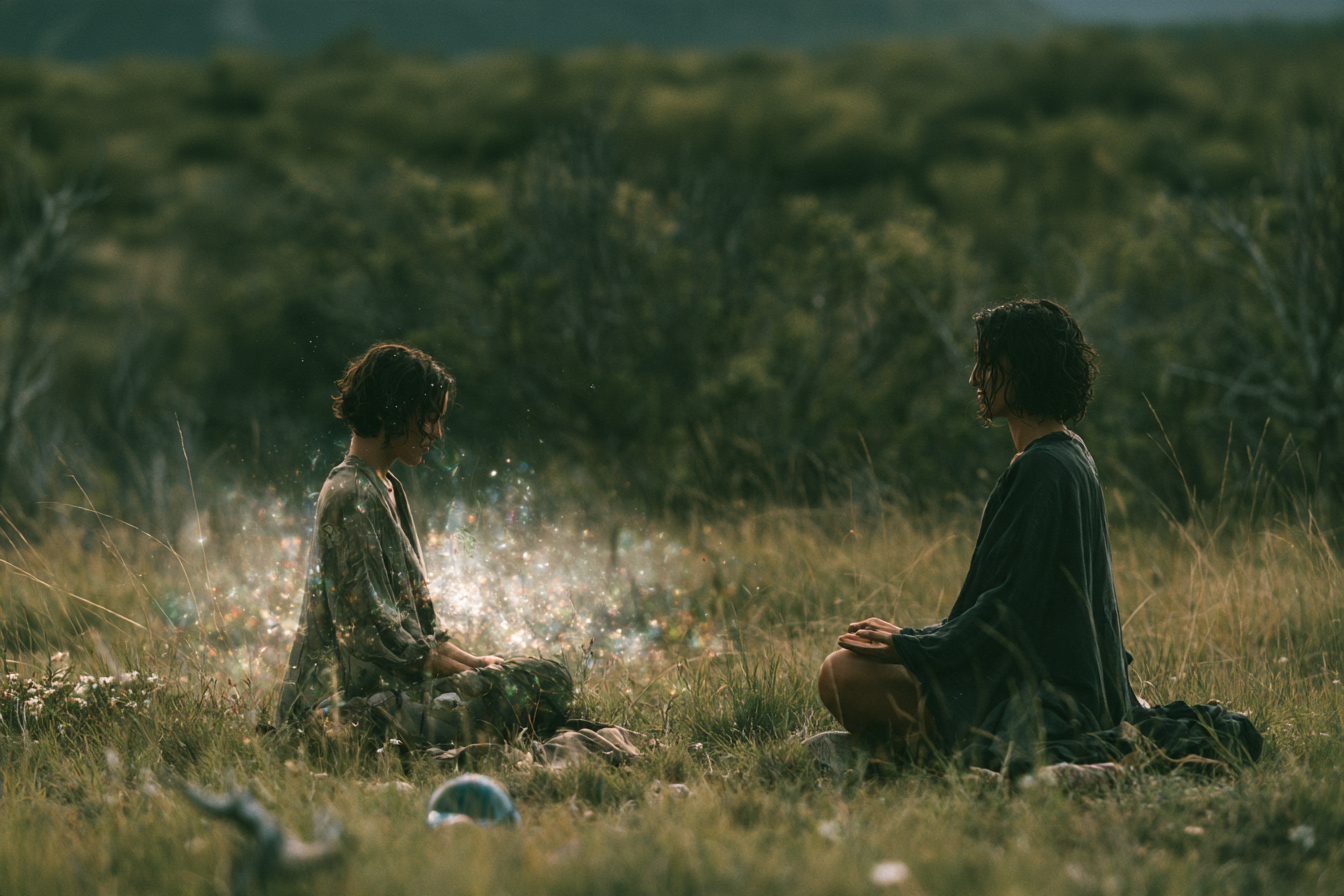 Two people sit facing each other in a meadow, illustrating relational safety and support in psychedelic therapy.