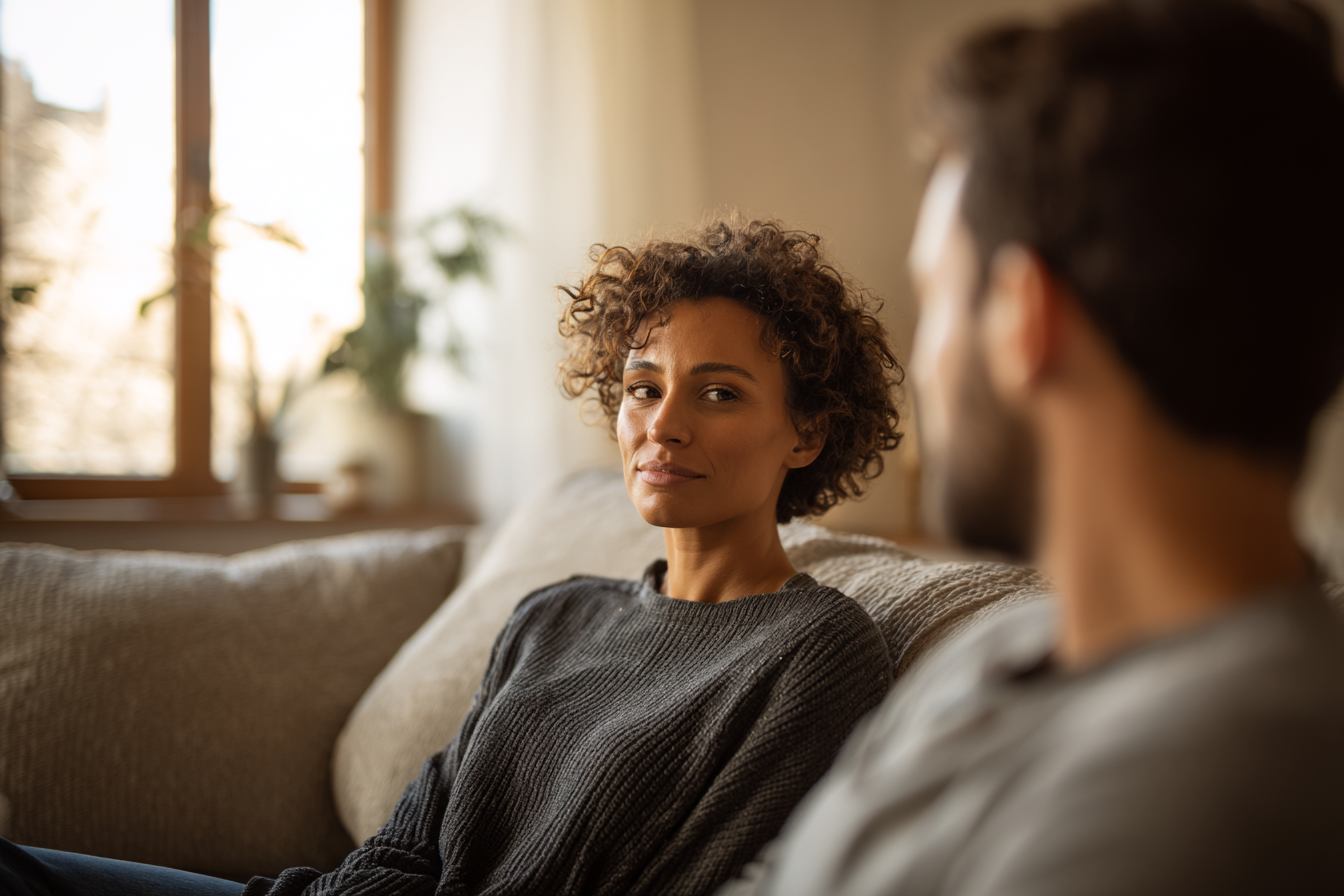 Two partners sitting on a couch having a calm, intentional conversation about boundaries and emotional safety in a polyamorous relationship.