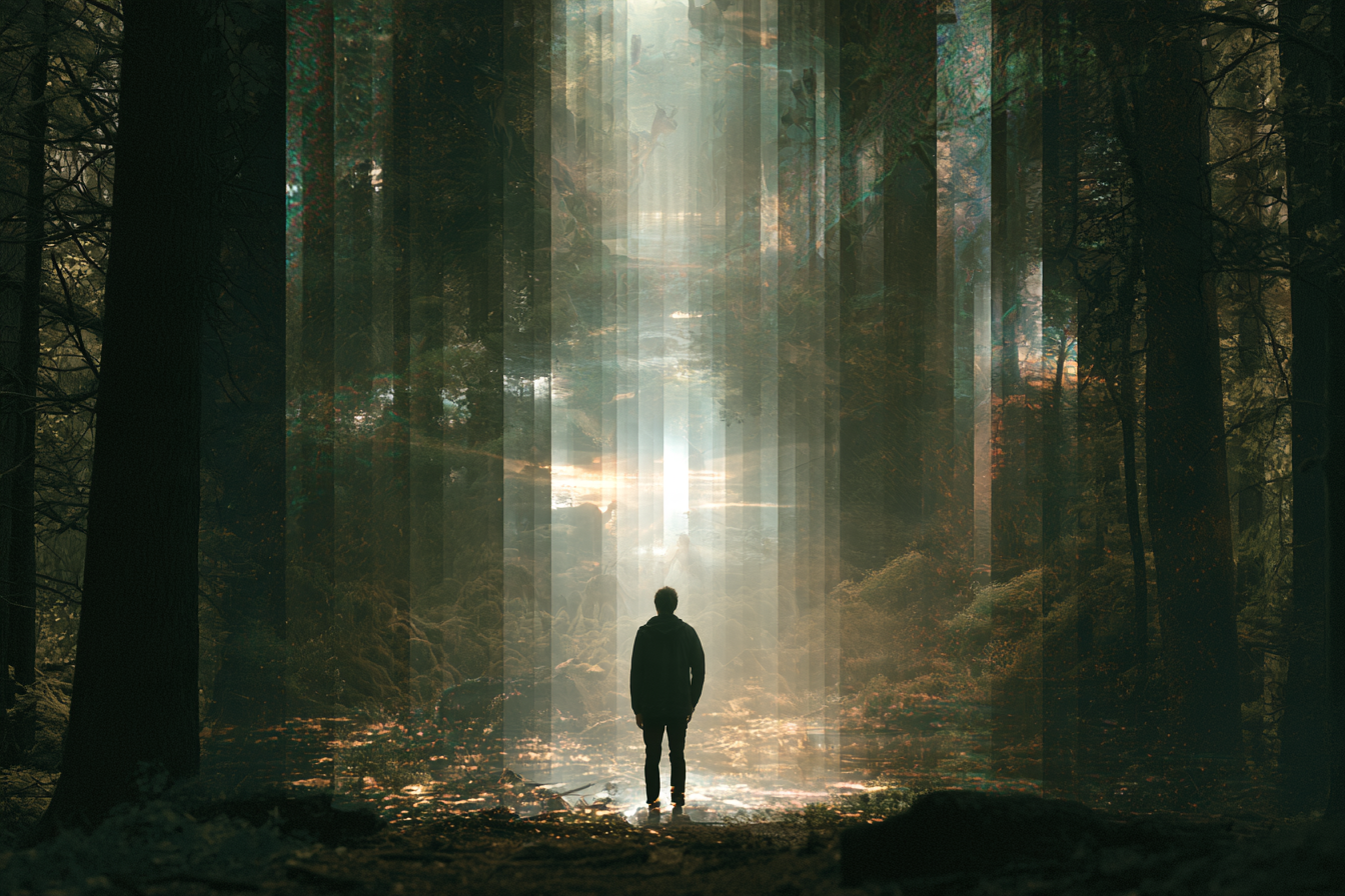 A person stands at a luminous forest threshold, reflecting the uncertainty of approaching psychedelic therapy.