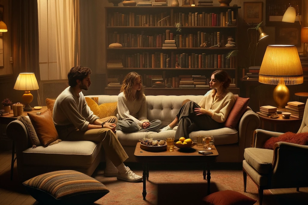 Three people sitting together in a living room having an intentional discussion about rules, boundaries, and emotional safety in polyamory.