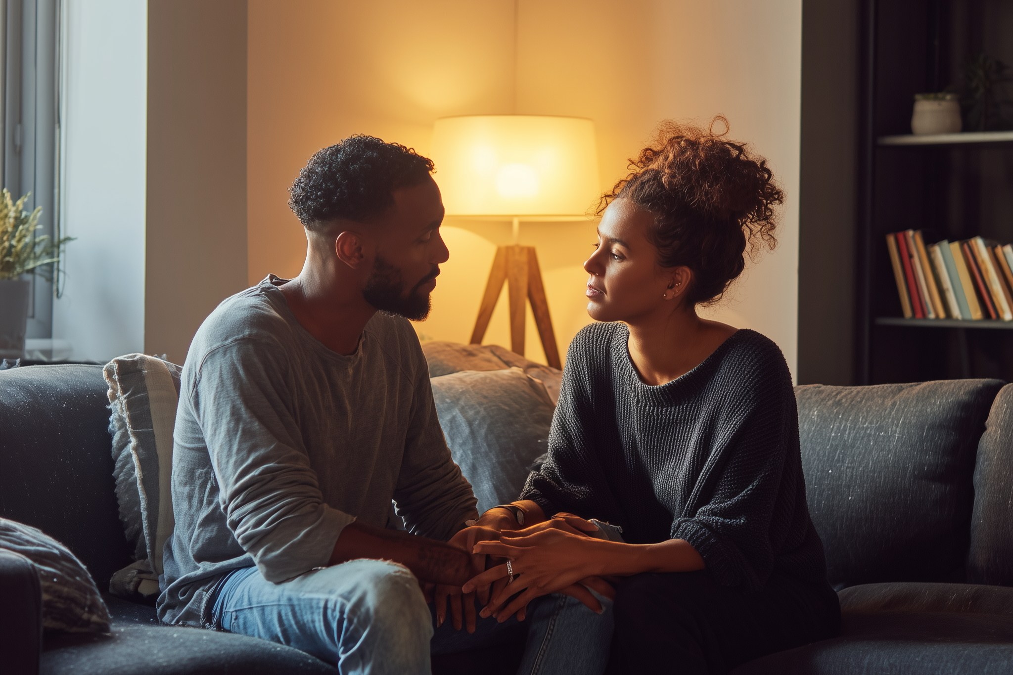 A couple sitting close together on a couch, holding hands and engaging in a vulnerable, emotionally open conversation as they repair after a relationship conflict.
