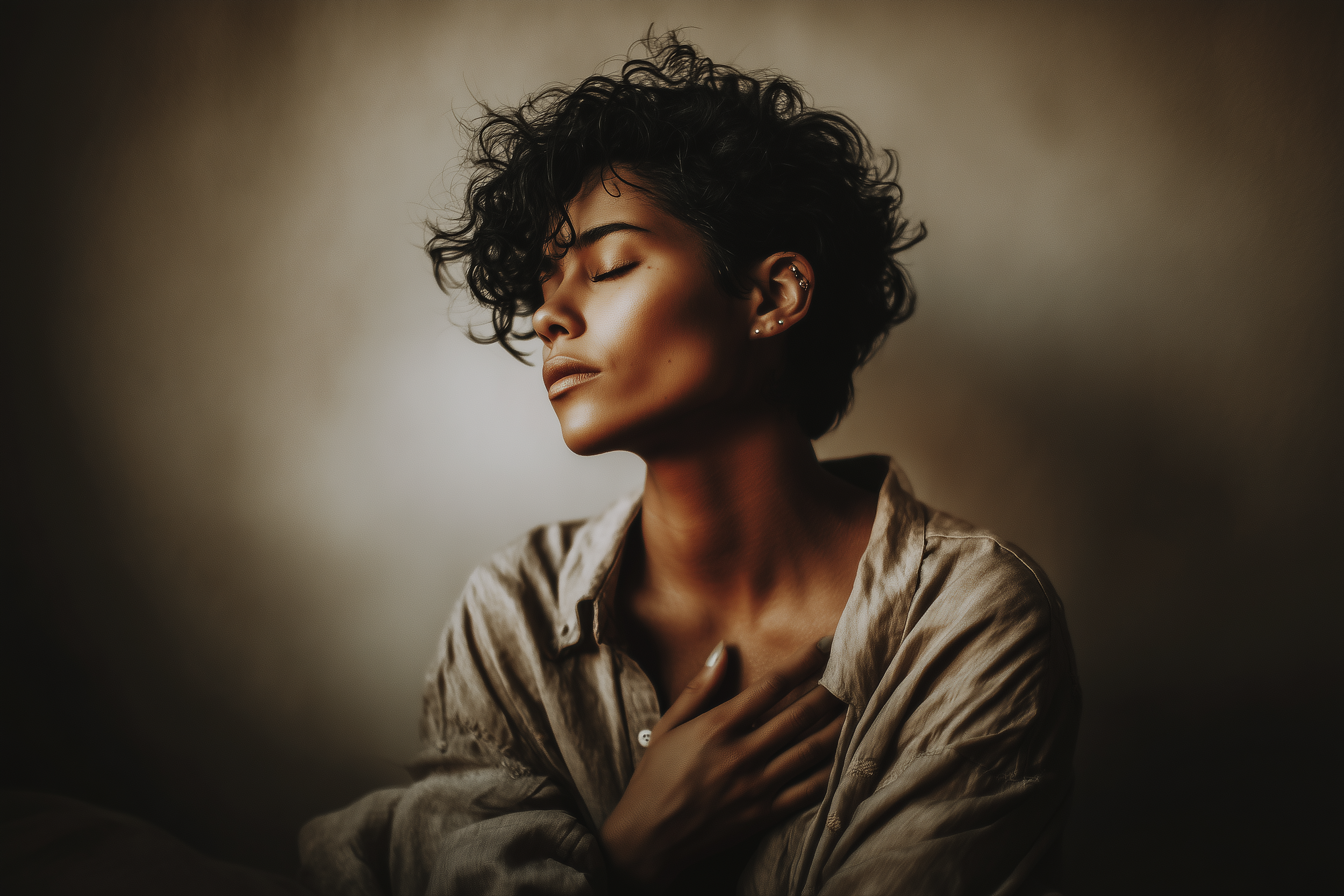 Person with eyes closed and hand on chest, illustrating somatic therapy and the practice of feeling emotions safely in the body