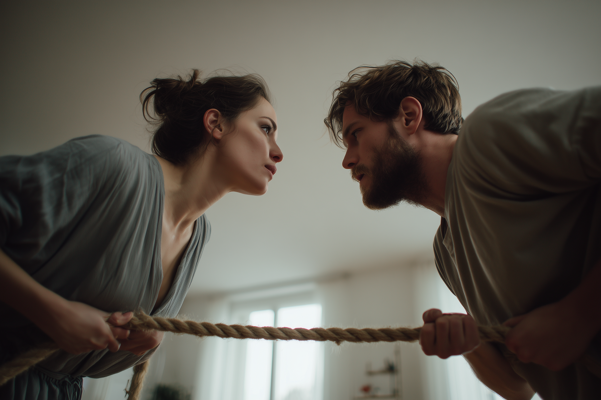 Two partners pulling against each other on a rope, symbolizing a relationship impasse when one partner wants an open relationship and the other wants monogamy.