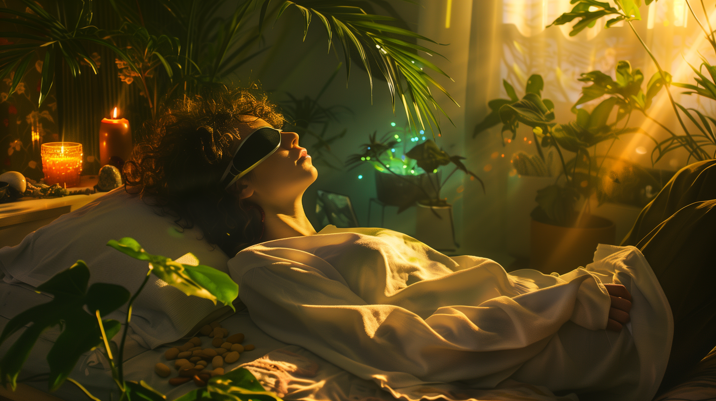 A person lies peacefully with an eye mask during a psilocybin therapy session in a warm, plant-filled room, sunlight streaming through the window..