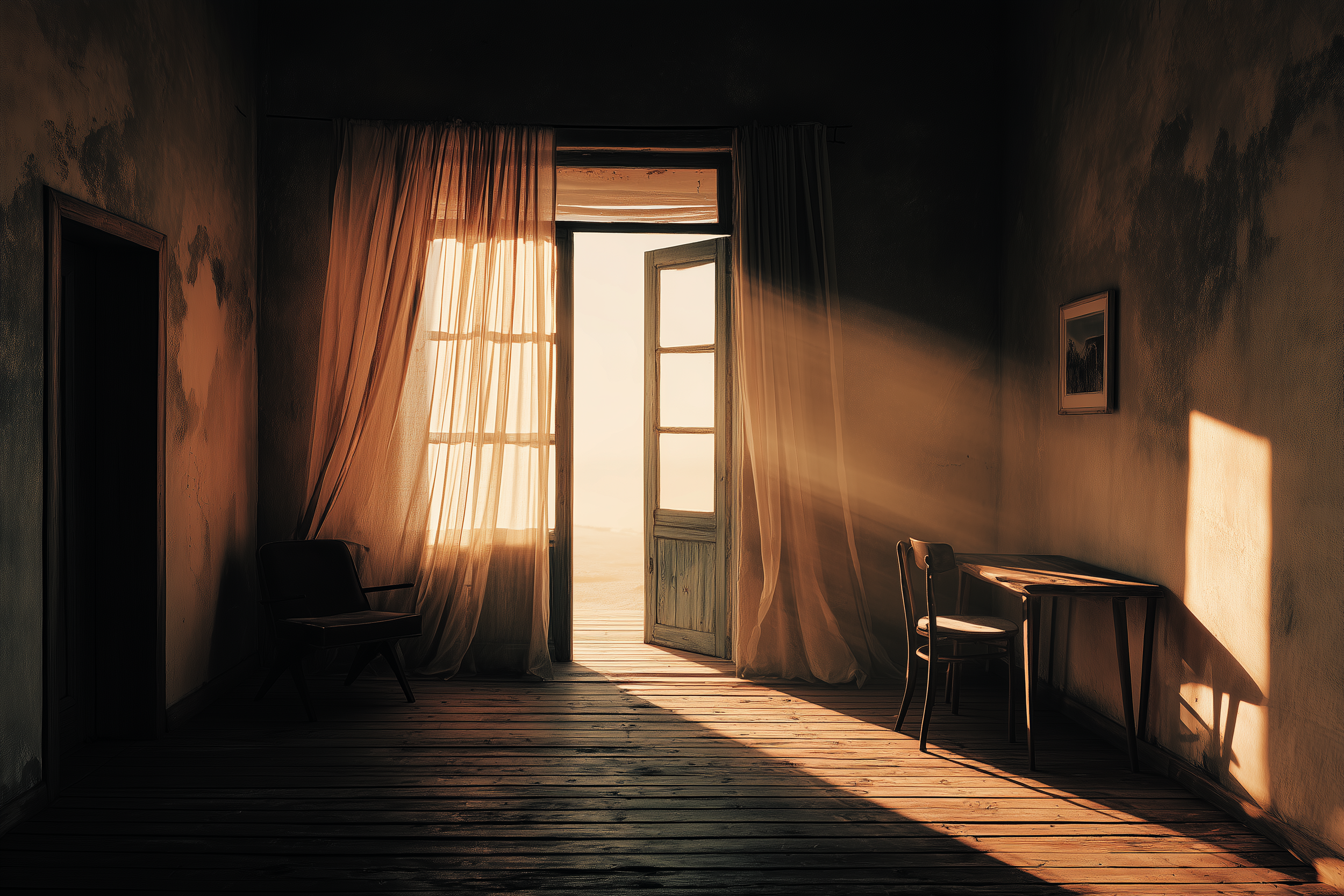 Sunlit guest house interior with an open door and warm light, symbolizing emotions as visitors entering awareness in somatic therapy