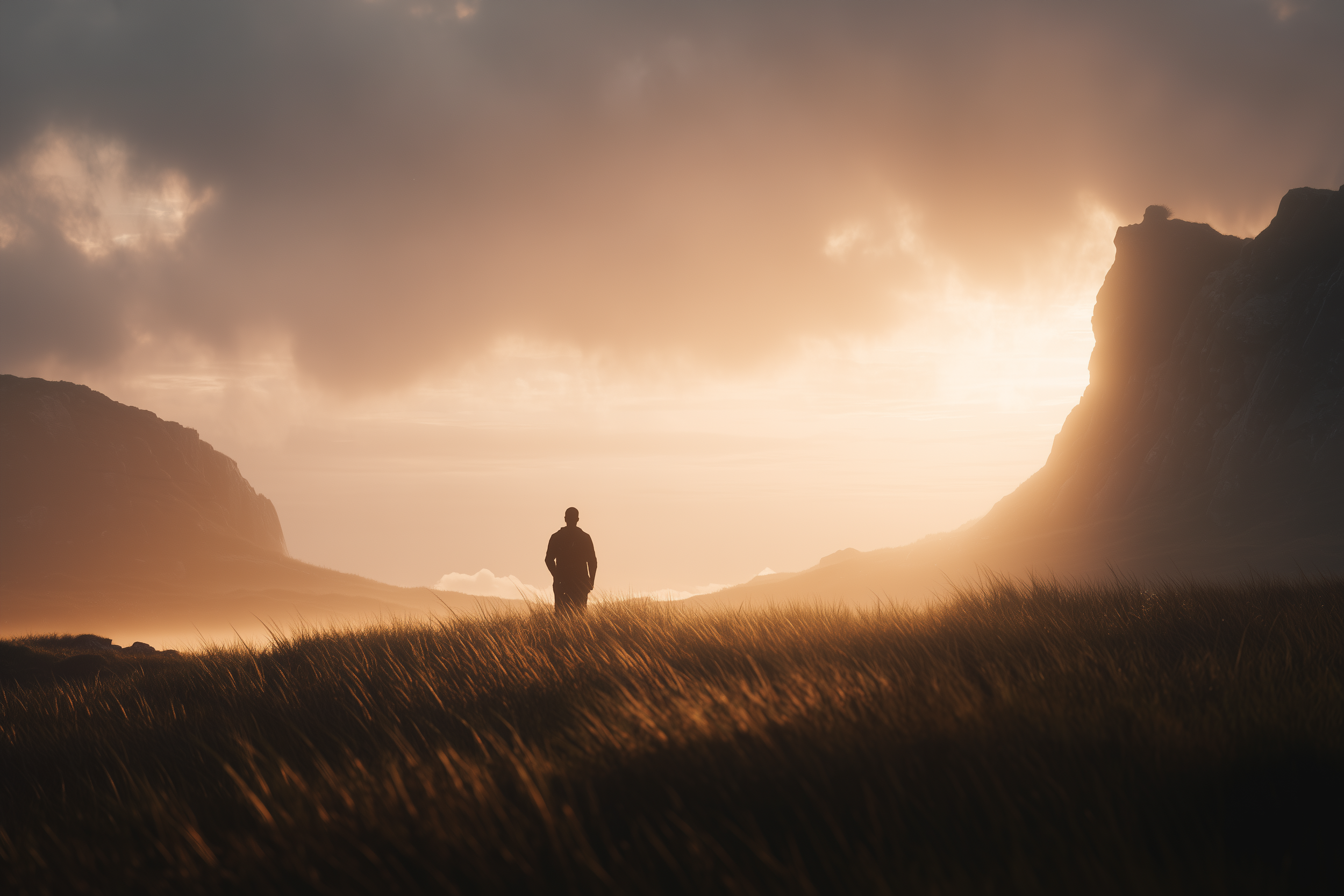 A lone figure standing in an open field at sunrise with mountains in the distance, symbolizing the journey toward building an authentic and grounded masculinity.