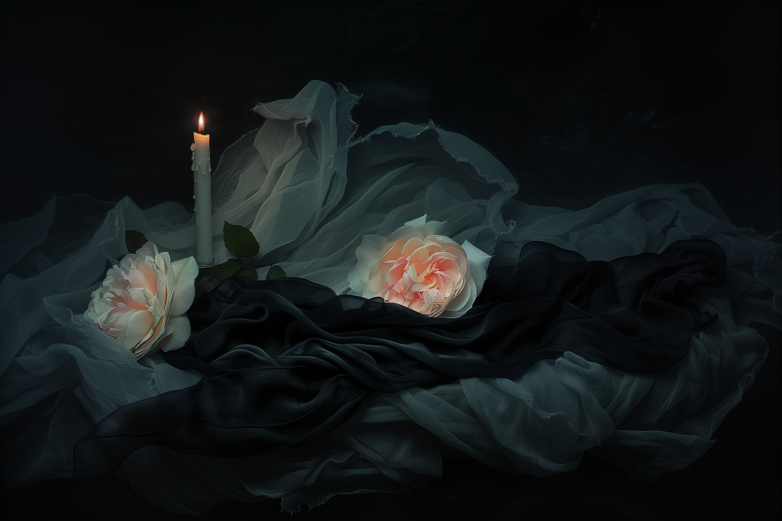 Symbolic still life of soft black fabric, pale roses, and candlelight representing trust, consent, and emotional depth in D/s relationships.