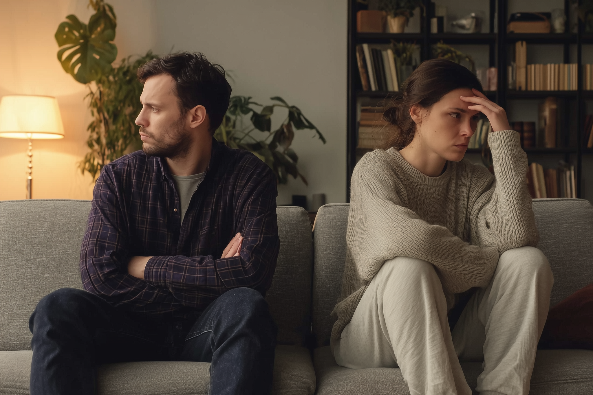 A distressed couple sitting apart on a couch after a relationship conflict, both turned away from each other with tense body language in a warm, softly lit living room.