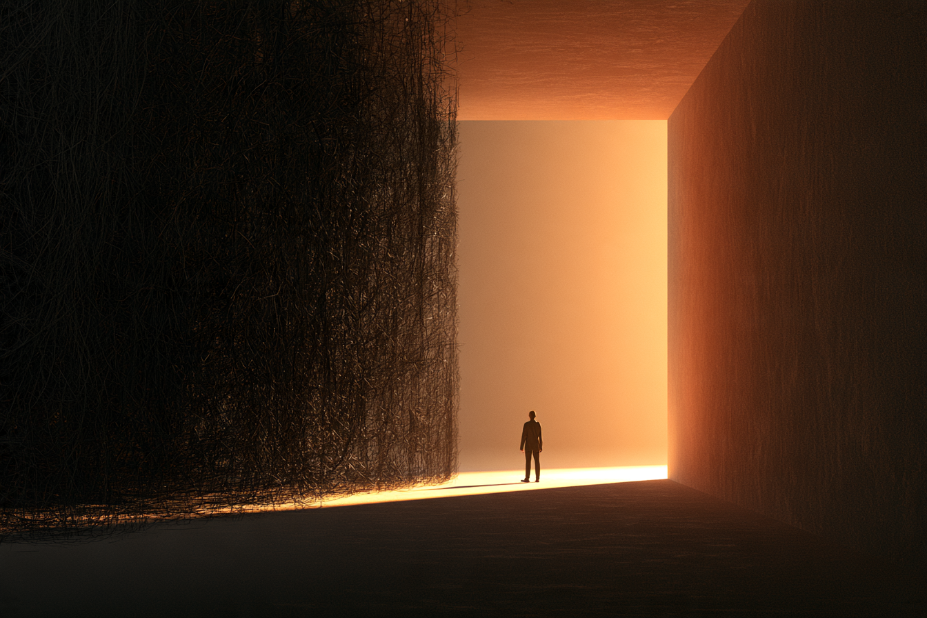 A lone figure stands between dense darkness and warm light, symbolizing the contrast between opposing experiences that can create erotic intensity.