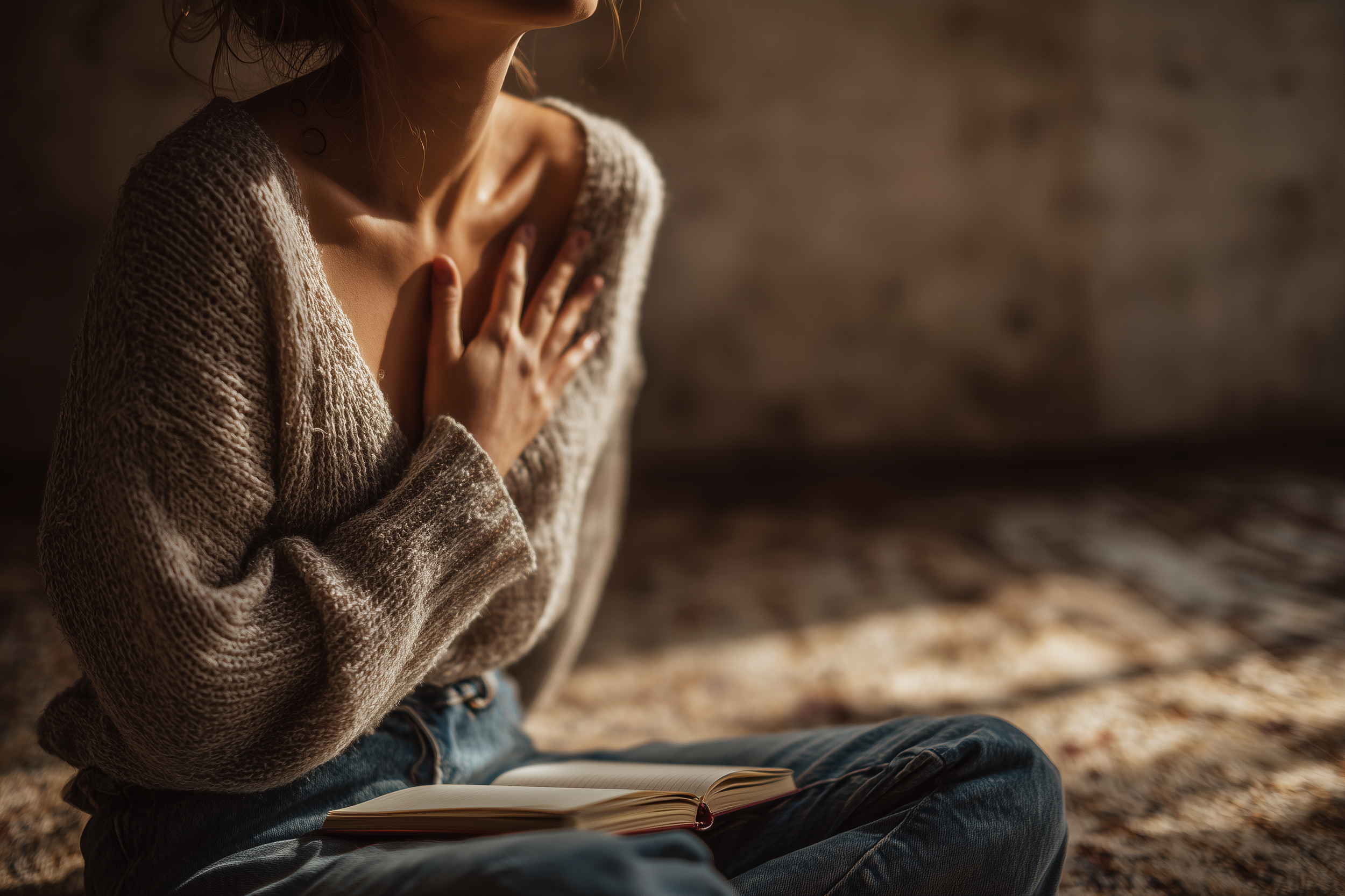 Person sitting with hand on chest in a quiet moment of reflection, symbolizing healing self-abandonment through somatic awareness, self-connection, and emotional healing.