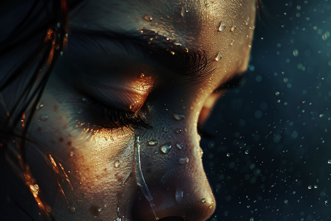 Close-up of a person’s face with tears and water droplets illuminated by light, symbolizing emotional release and nervous system regulation.