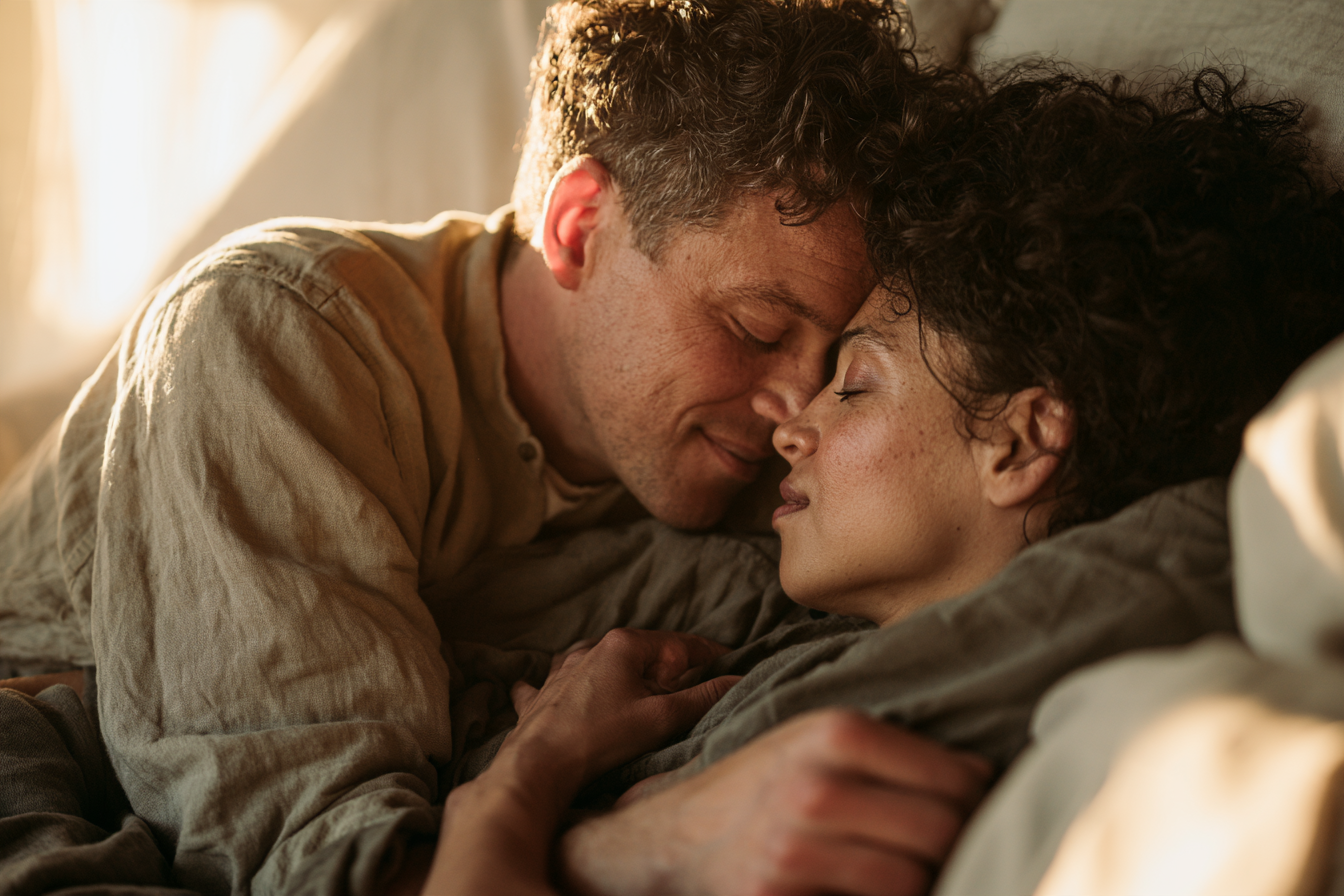Couple lying close together in bed with relaxed, affectionate body language, conveying embodied connection and emotional presence.