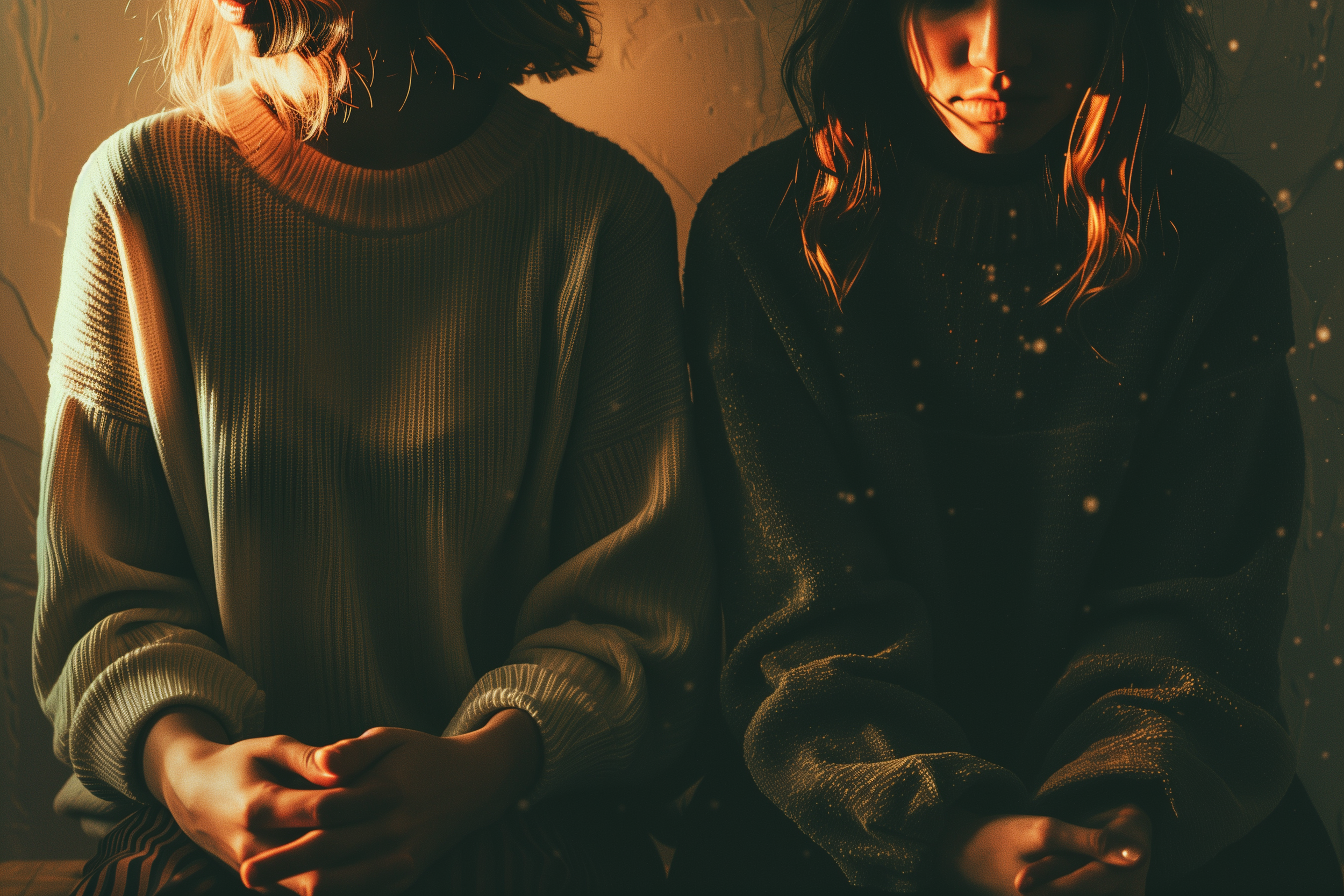 Couple sitting closely together in warm light, reflecting emotional distance and connection, representing trauma and attachment in relationships.