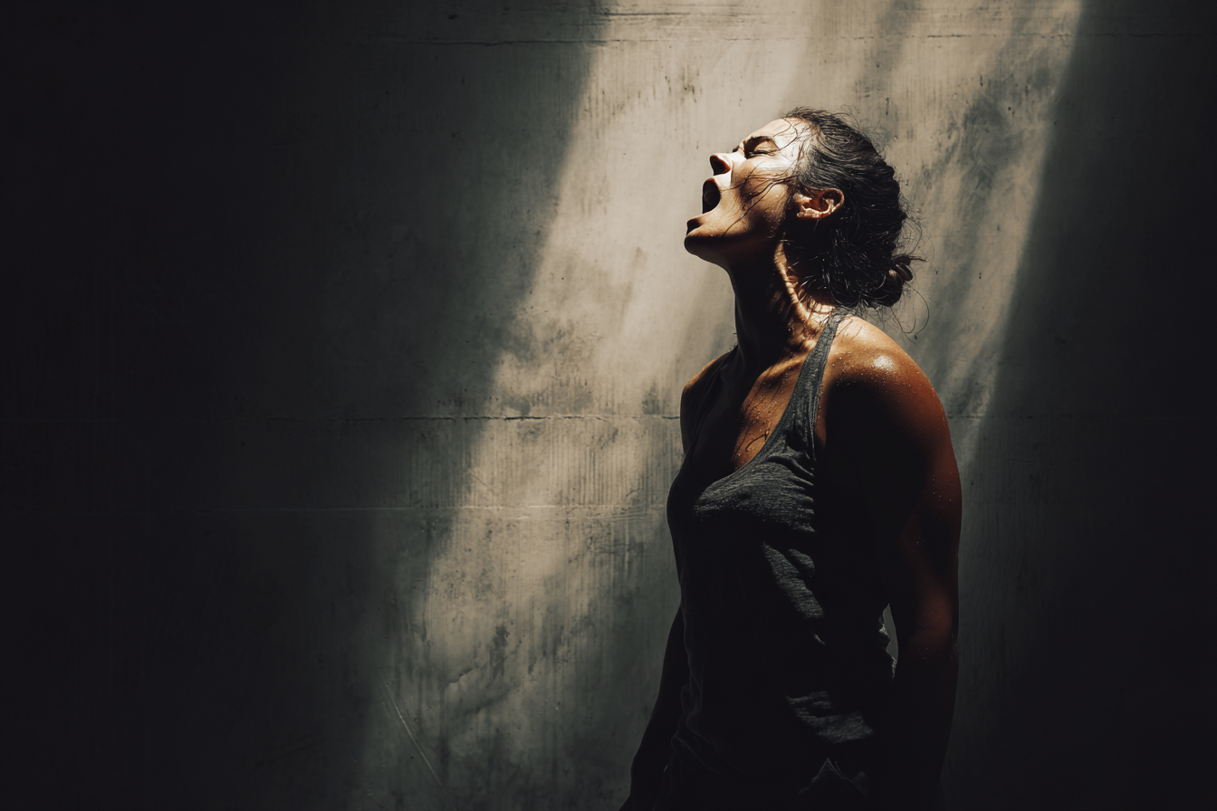 A woman standing in dramatic light, expressing intense but purposeful anger as a catalyst for personal and emotional change.
