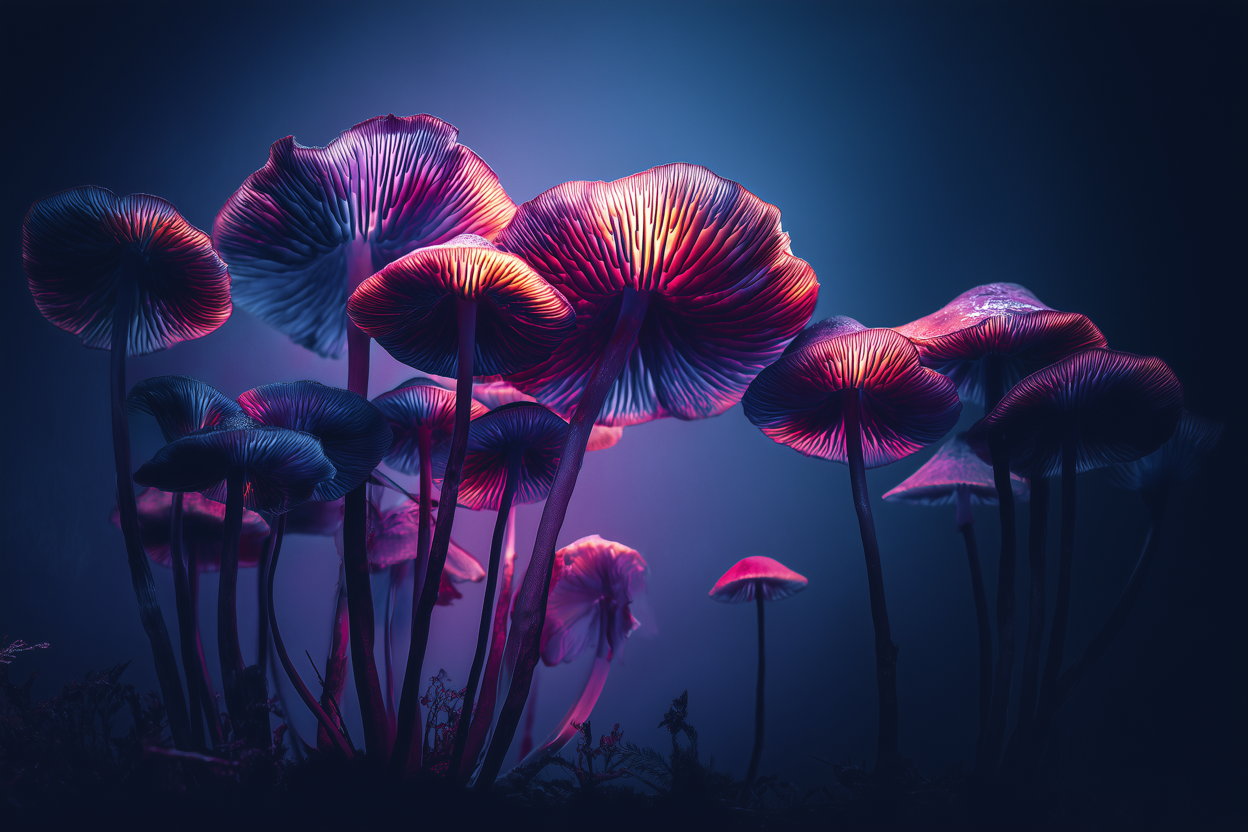 Low-light image of psilocybin mushrooms symbolizing psychedelic therapy, spirituality, and harm reduction.