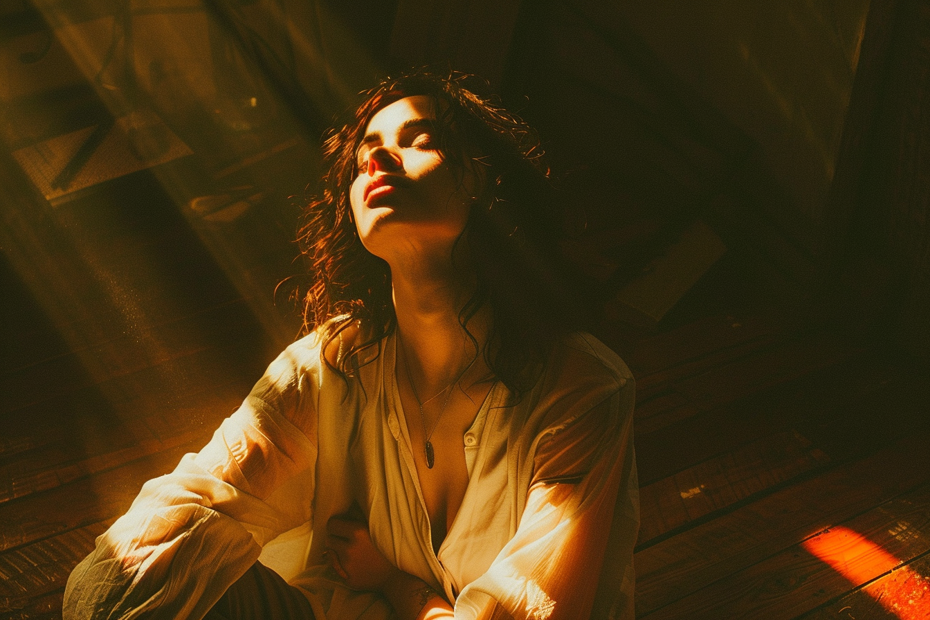 Woman sitting on a wooden floor bathed in golden light with eyes closed, symbolizing peace, embodiment, and healing through conscious kink and self-awareness.