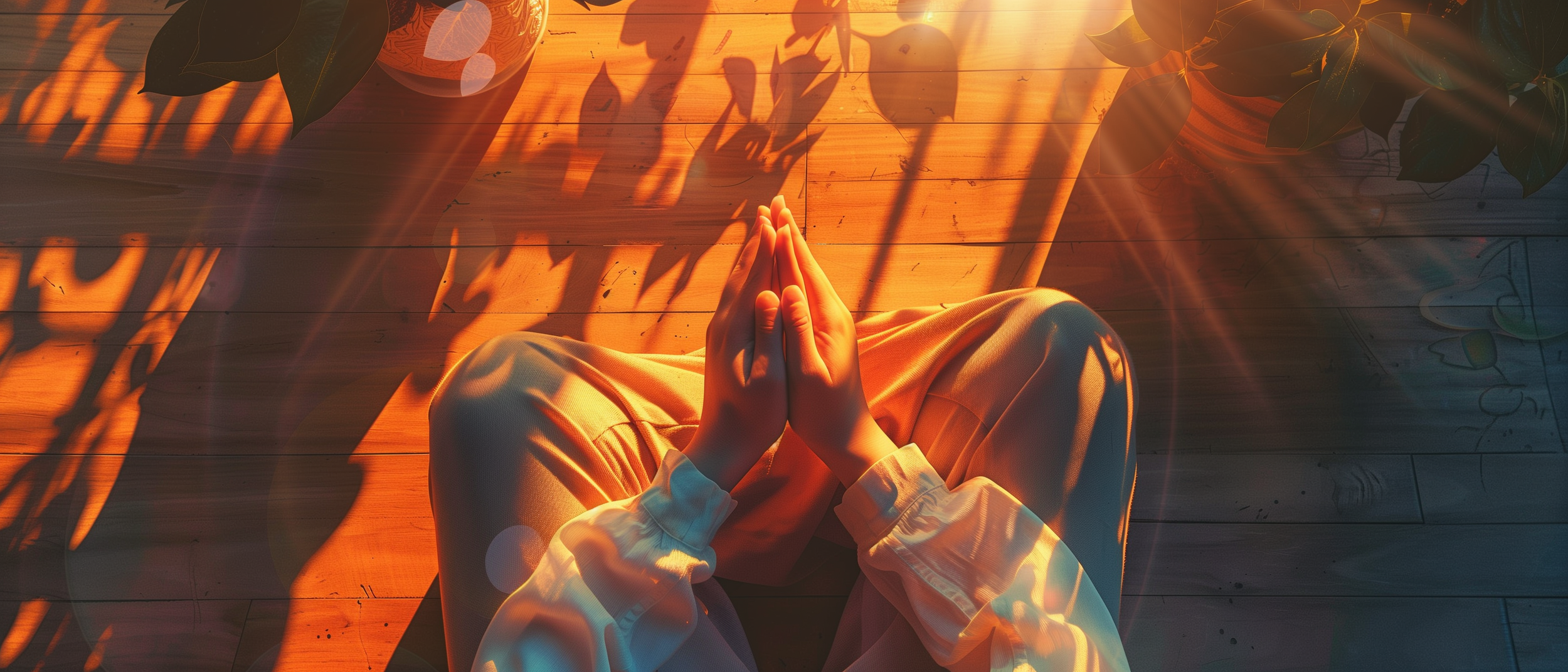 Overhead view of a person meditating in warm morning sunlight with hands in prayer position, symbolizing calm awareness and mindfulness practice.