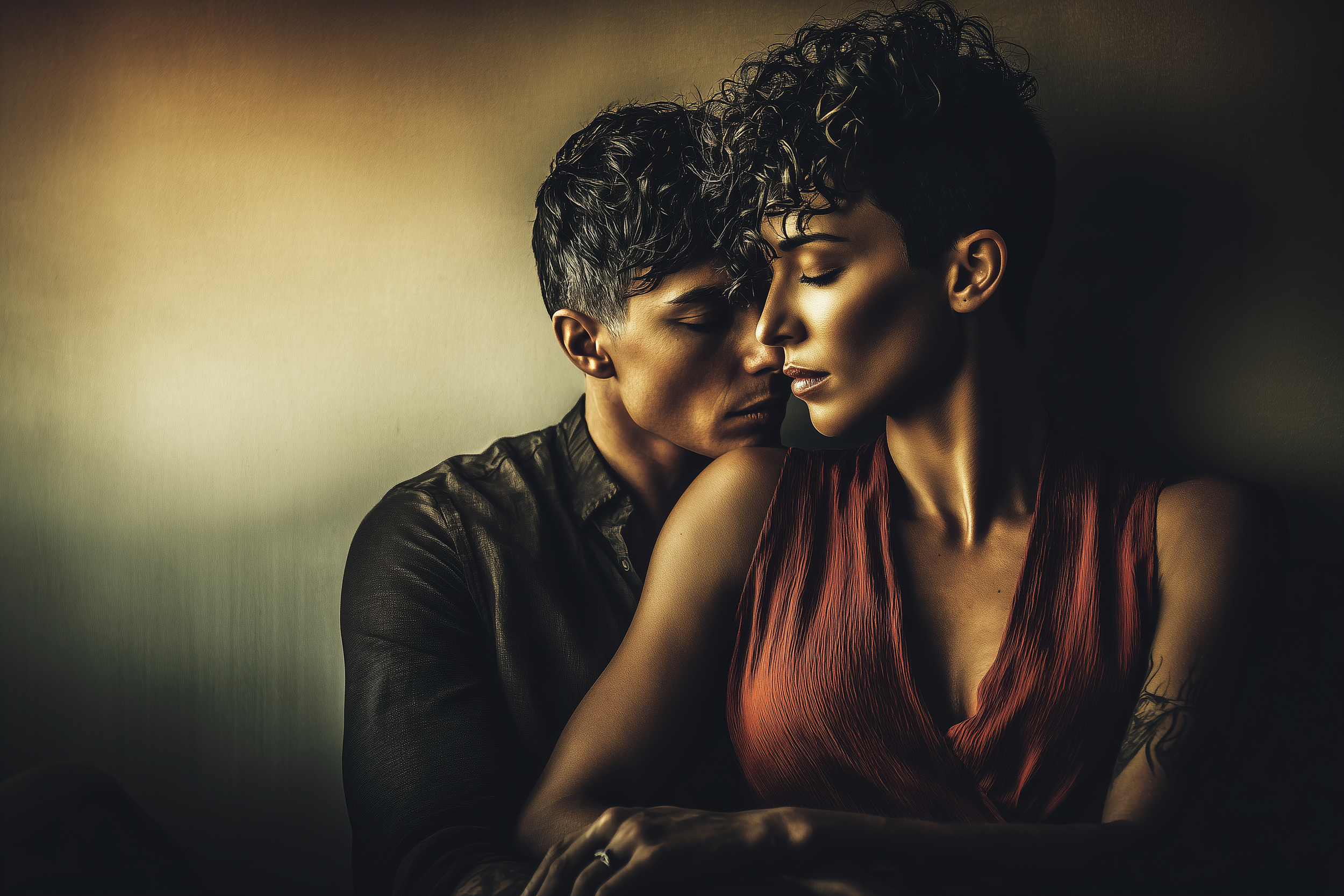 Two adults sitting closely together in a quiet moment of emotional intimacy, reflecting the complexity of desire, shame, and connection in long-term relationships.
