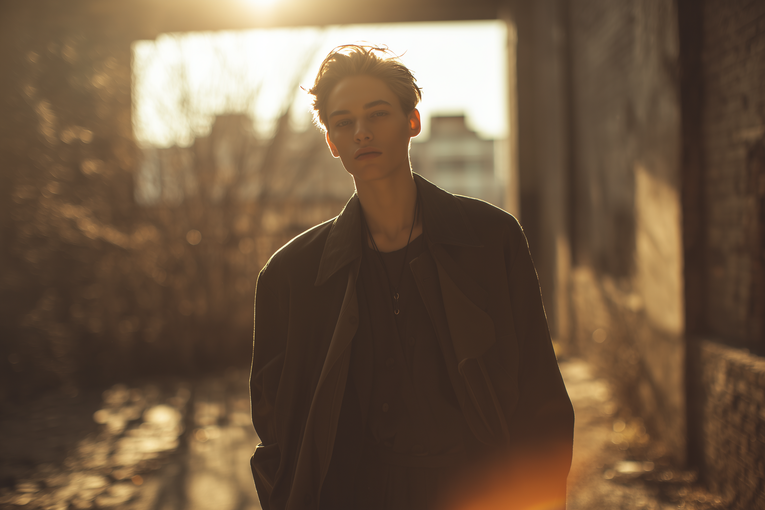 A masculine-presenting person standing in warm golden light in an urban alleyway, looking thoughtful and grounded, symbolizing the journey of developing authentic masculinity.