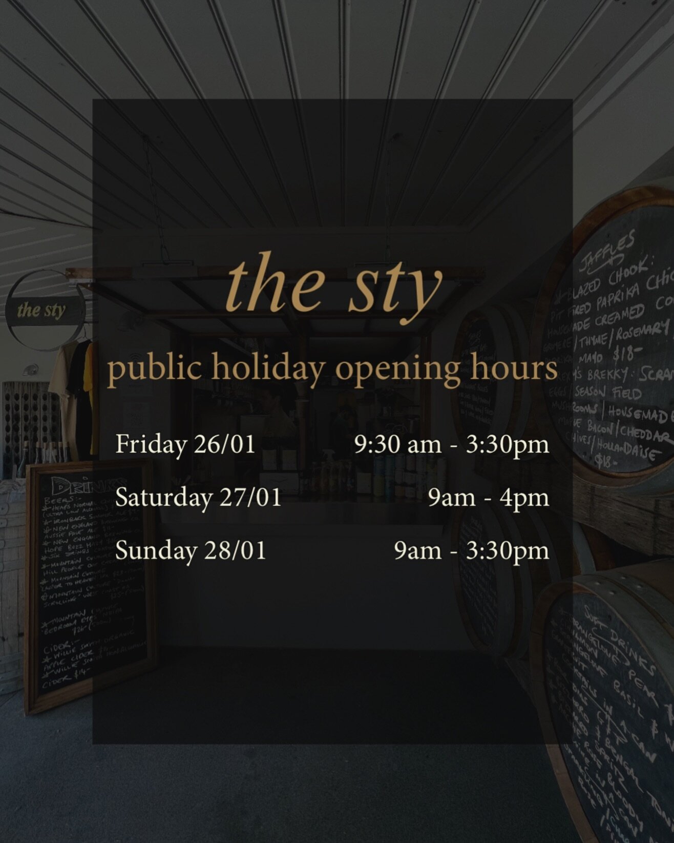 The Sty will be open this Friday through to Sunday. 
With warm weather ahead we will have our communal room available with the aircon pumping. So come in &amp; cool down in The Sty cafe.