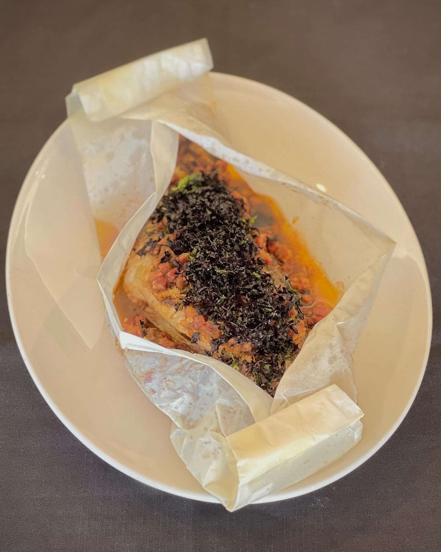 Whole Murray Cod En Papillote 
Charcuterie XO / Black Vinegar / Shiso

Baked &amp; served in a parcel. 
Our current &agrave; la carte fish option takes inspiration from Chinese flavours. Rich umami notes from our charcuterie XO come from smoked prawn