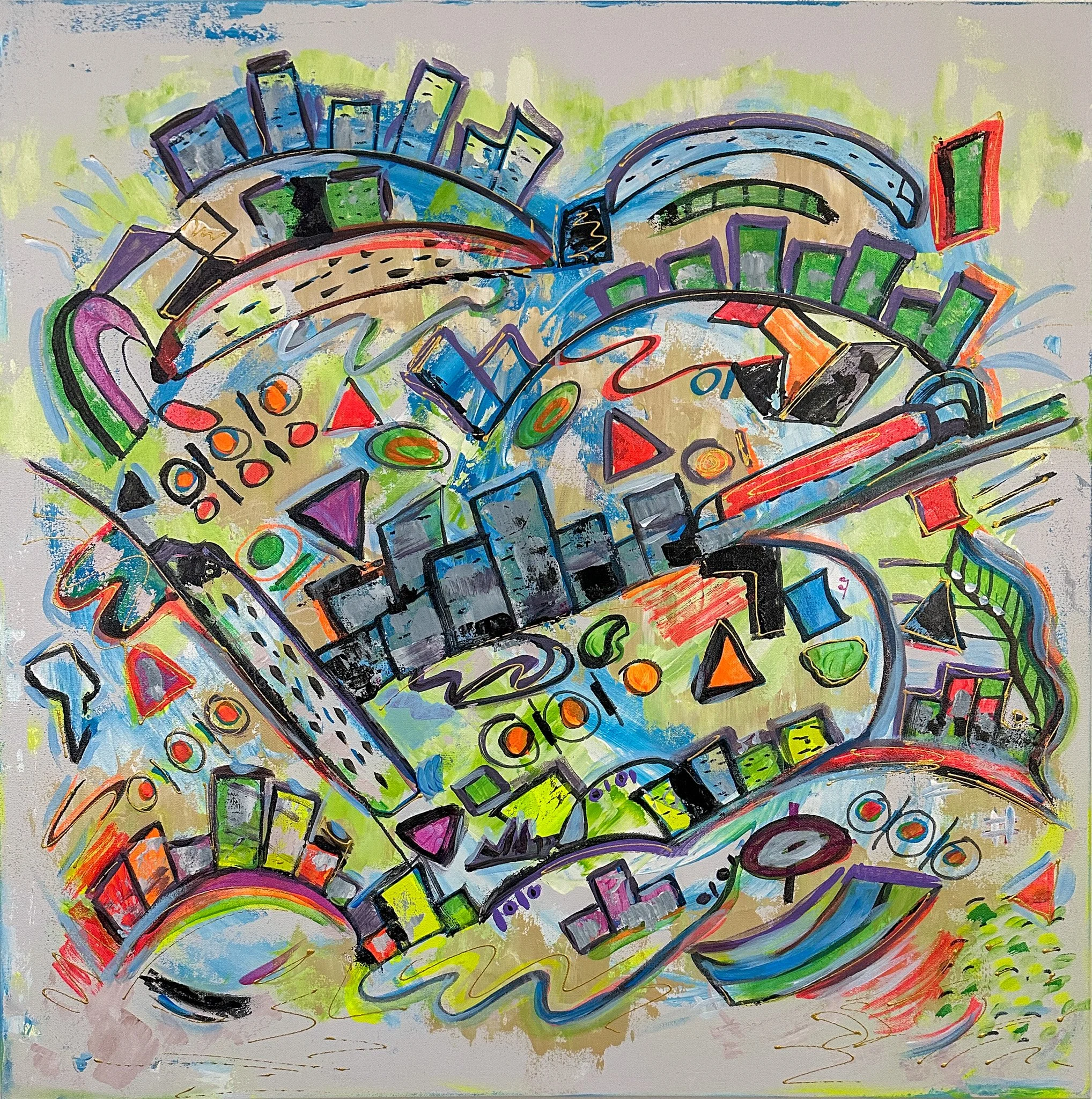Colorful abstract with circular movements, buildiings, trains, and symbology reflecting city life and sustainability.