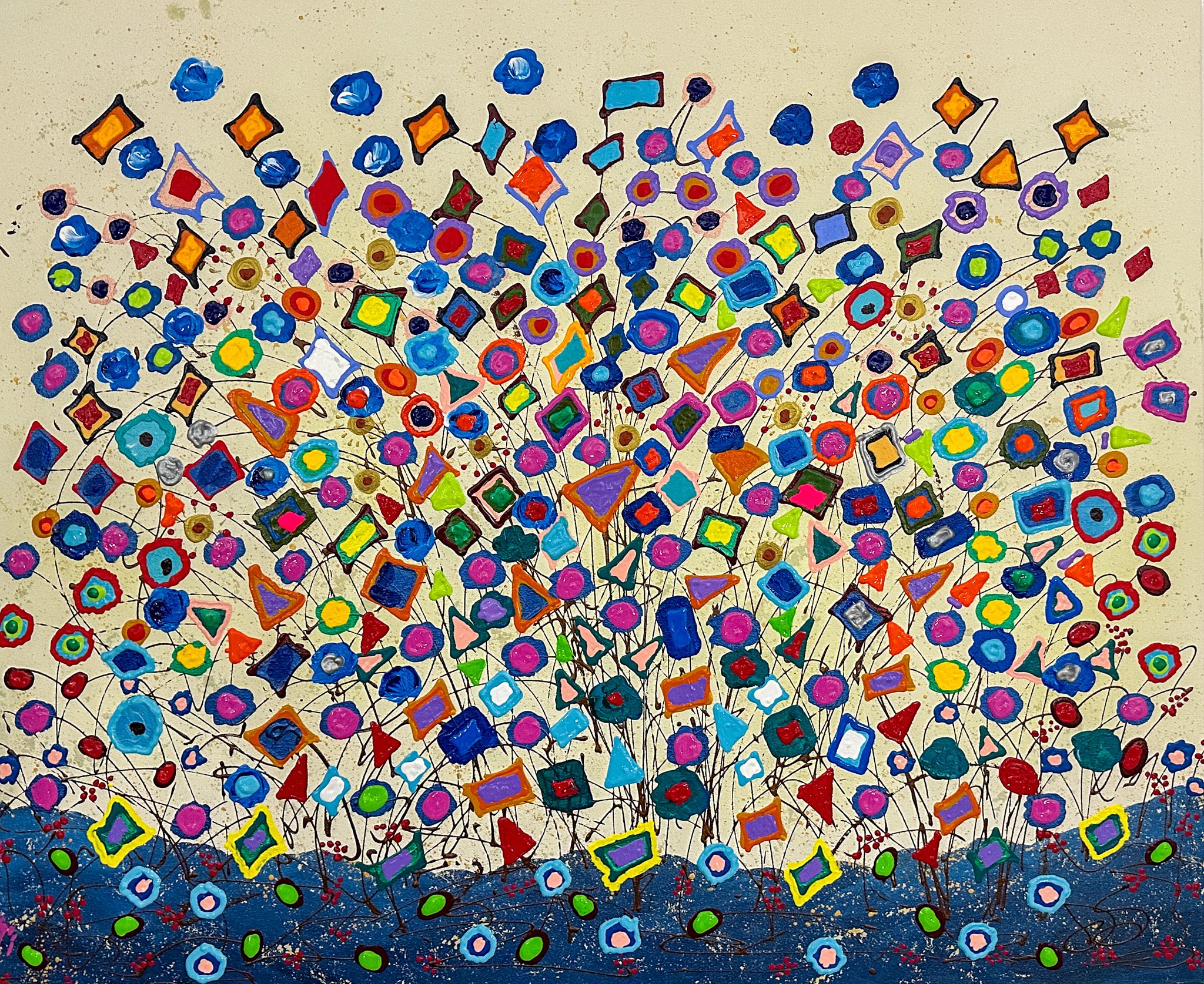 Colorful painting with different geometric shapes and sizes.