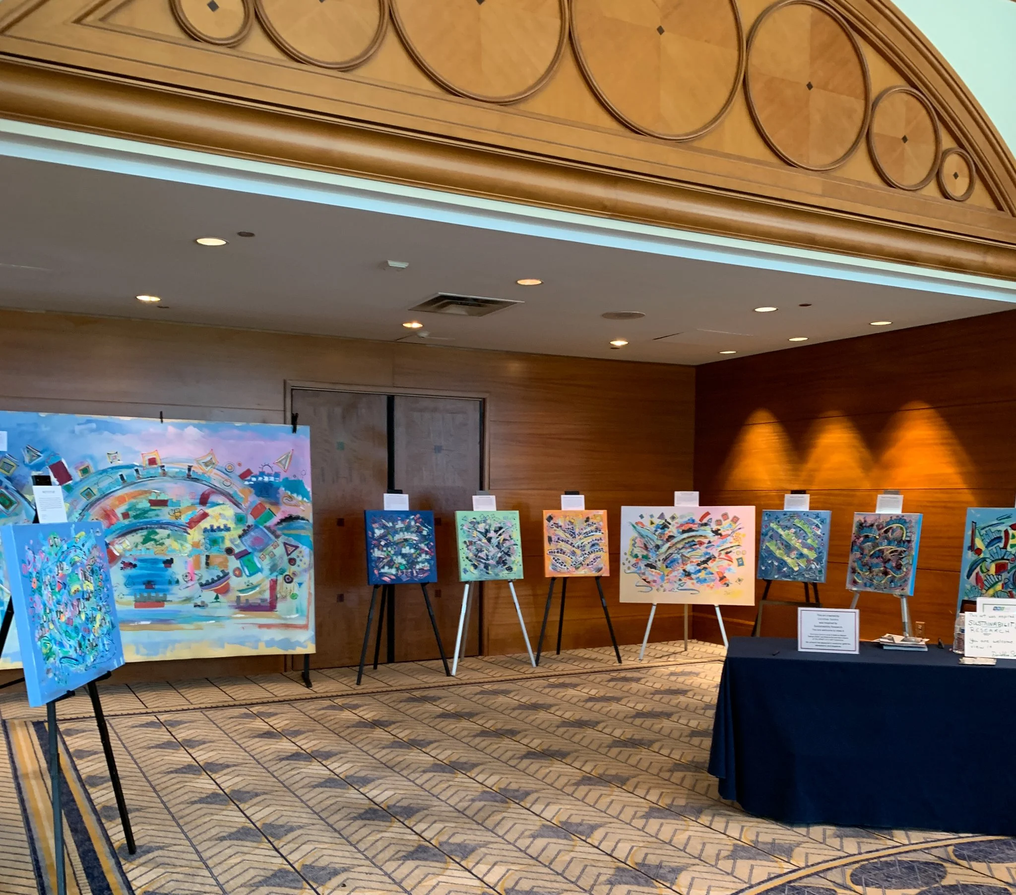 Dorothea Sandra Art on display at entrance to ballroom at Sheraton Grand Chicago Riverwalk hotel.