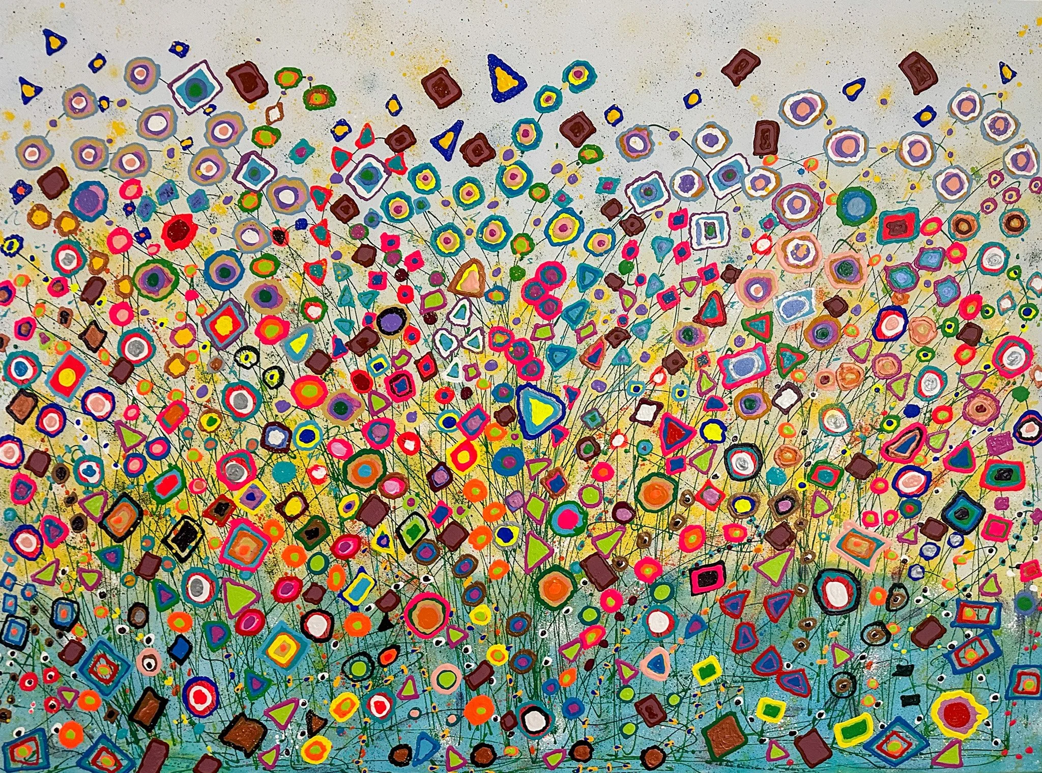 Geometric abstract painting with multi shapes and multi colors.