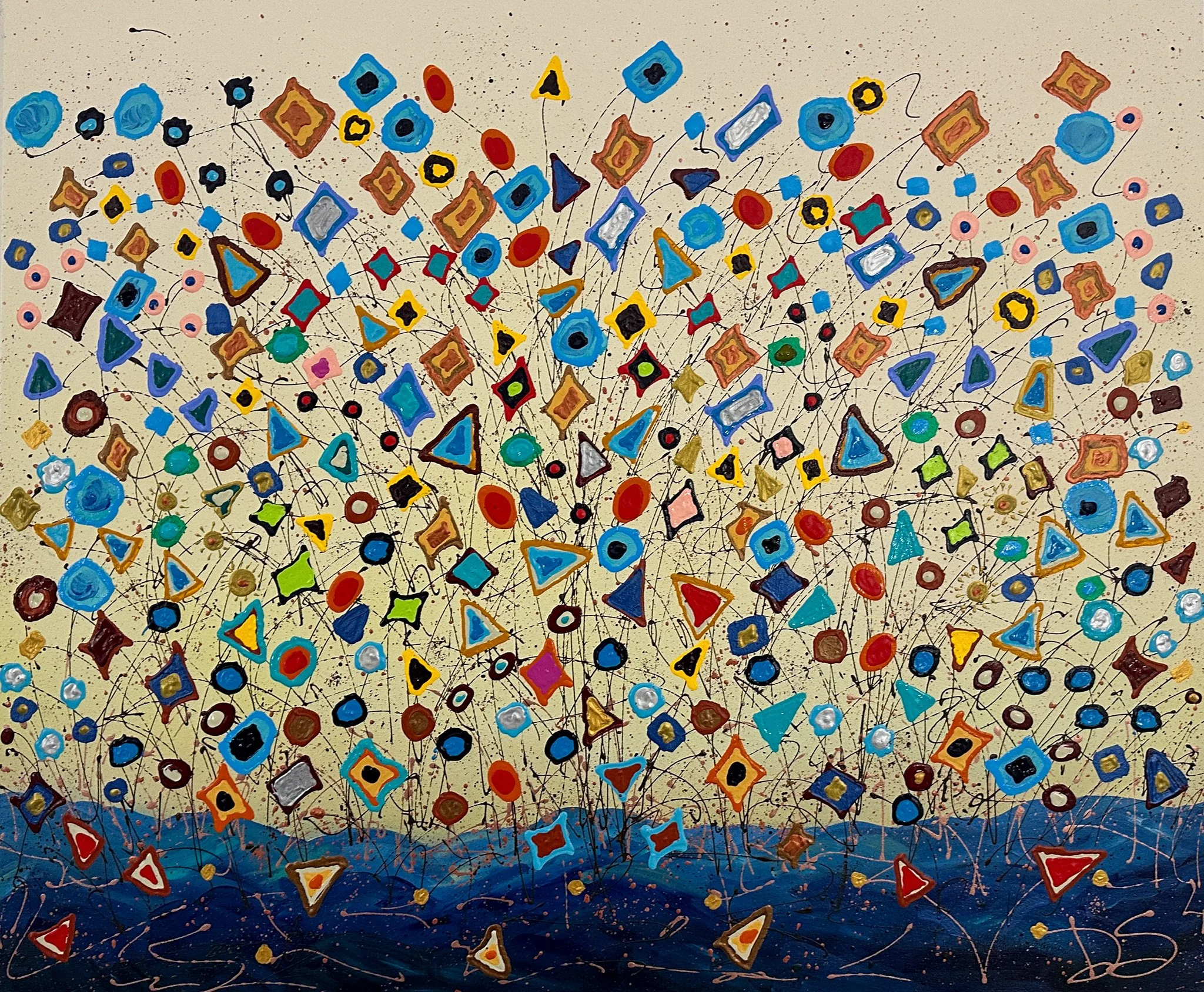 Blue dominant geometric painting of different shapes and sizes.