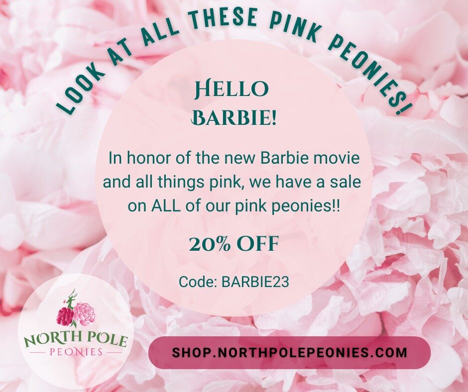 Come visit our new online store at shop.northpolepeonies.com and use code BARBIE23 for 20% off as we celebrate all things pink! Especially our pink peonies! #Peony #flowersofinstagram #flowersoftheweek #northpolealaska #alaskapeonies #alaska #flowerf