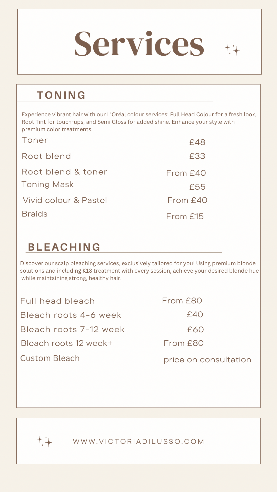 A menu listing hair coloring services, including toning and bleaching, with prices for each service.