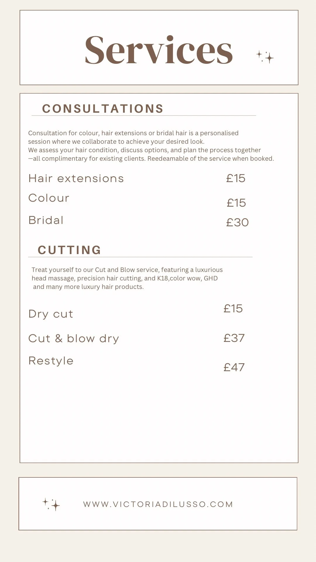 A menu listing hair salon services including consultations and cutting options, with prices in British pounds.