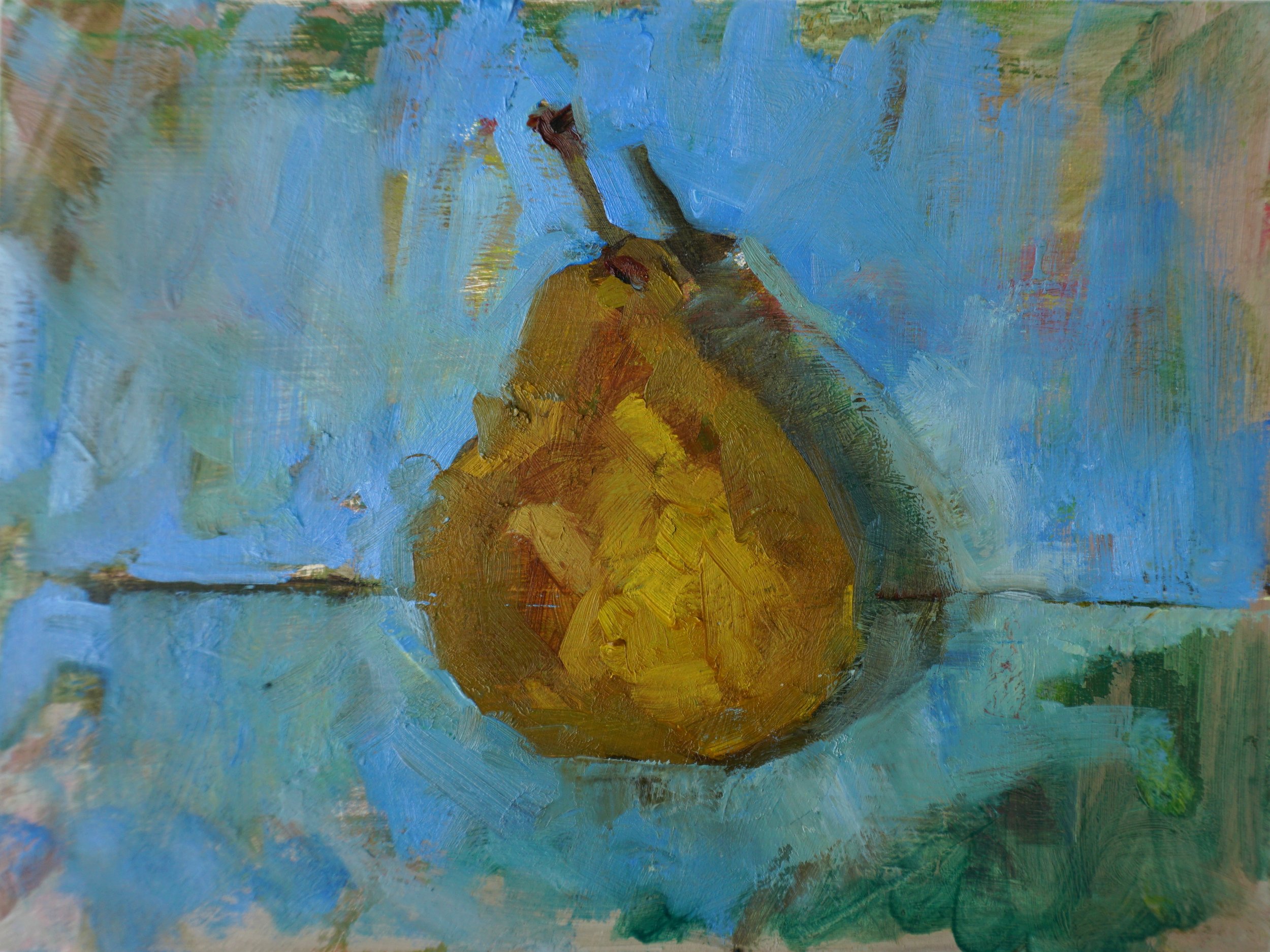 A Pear on Blue 15x 20cm Oil on Linen £150 Susannah Phillips.JPG