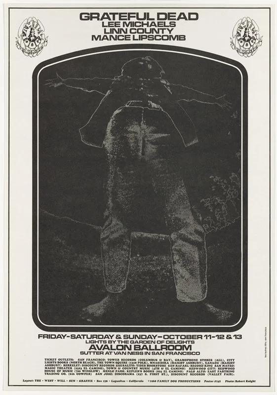 Concert poster, “Grateful Dead, Lee Michaels, Linn County, Mance Lipscomb, Avalon Ballroom, October 11-13, 1968” by Wes Wilson