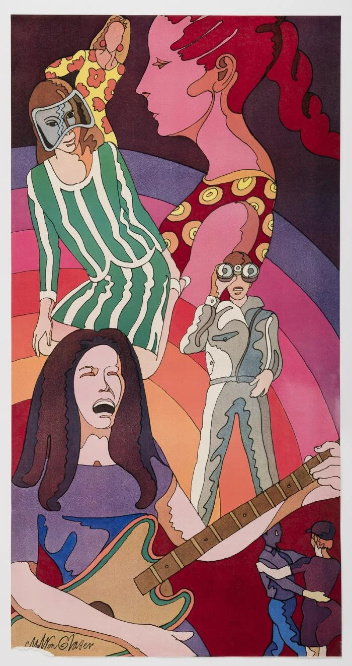 Milton Glaser's psychedelic poster art of the 1960s features a female guitarist and some dazzling hippie fashions of the day (Untitled, 1960s)