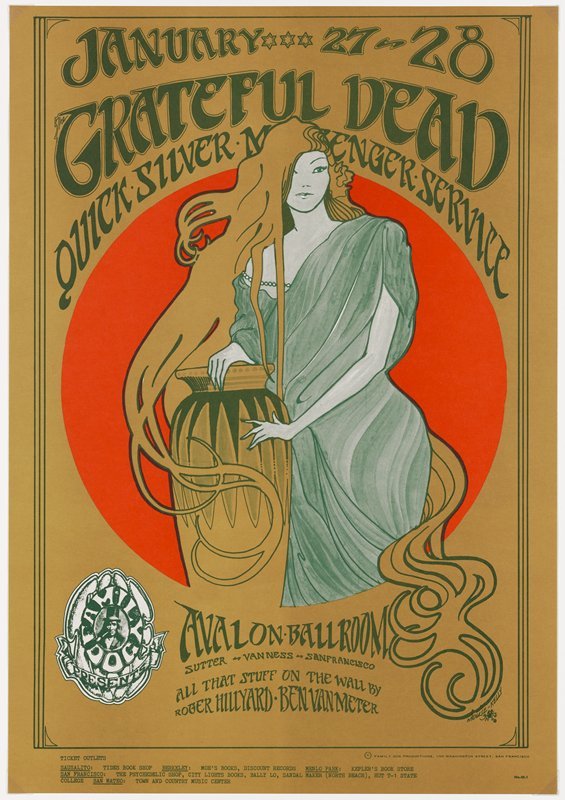 Psychedelic concert poster, “The Grateful Dead, Quicksilver Messenger Service, January 27-28, Avalon Ballroom” by Alton Kelly and Stanley Mouse