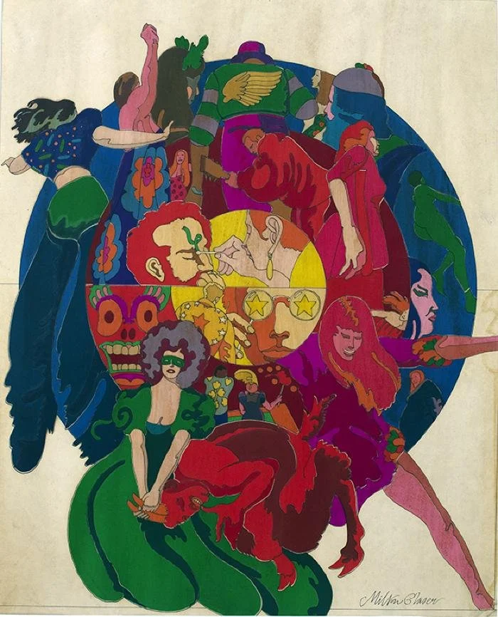 Original art, Milton Glaser's psychedelic pop illustration that was eventually used for Tom Wolfe's book, The Electric Kool-Aid Acid Test (1968, Farrar, Straus and Giroux)
