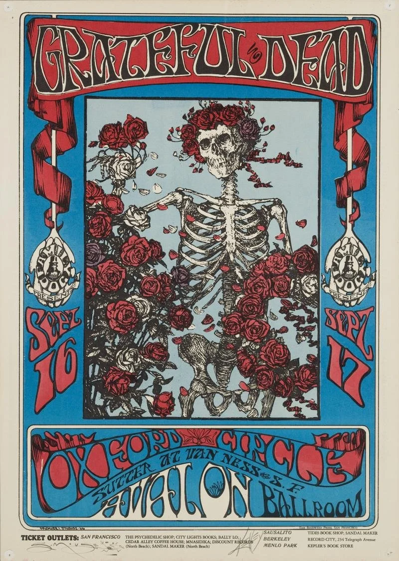 Concert poster, “Skull and Roses, Grateful Dead, Oxford Circle, September 16-17, Avalon Ballroom” by Alton Kelly and Stanley Mouse
