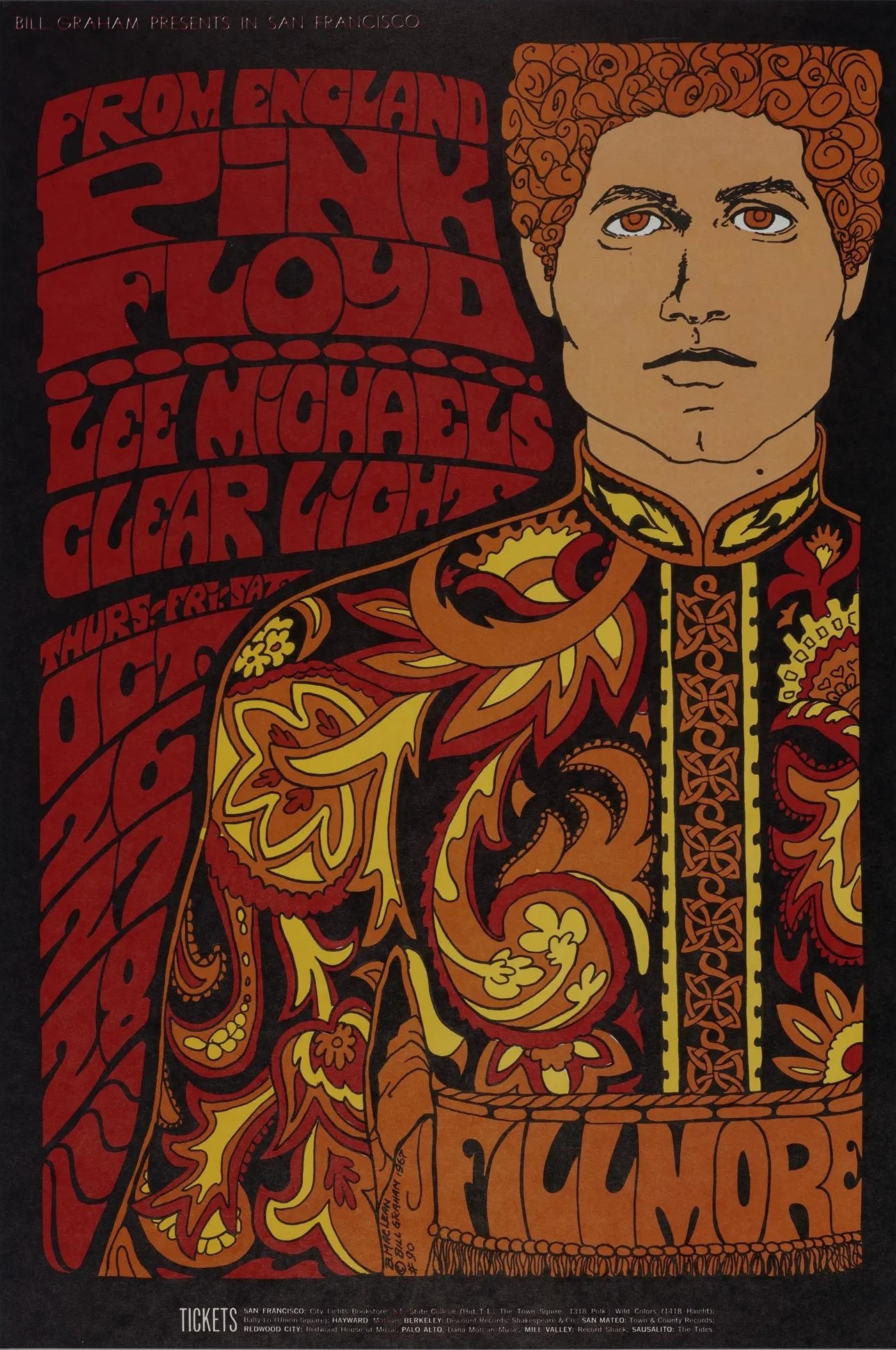 Bonnie MacLean's psychedelic poster for Pink Floyd, Clear Light, and Lee Michaels at the Fillmore in 1967. This poster is also called BG #90.