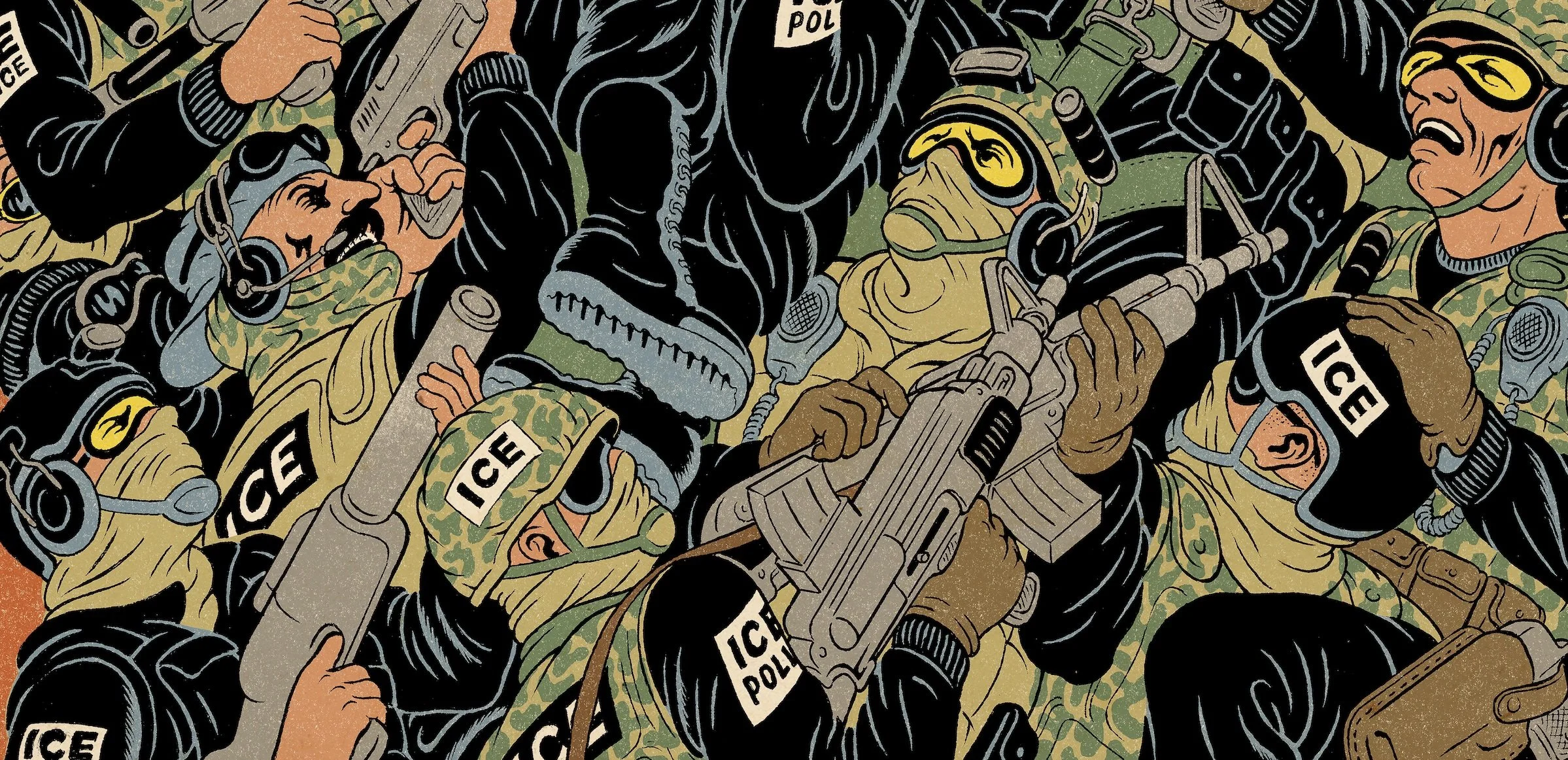 A cluster of ICE agents carrying automatic weapons can be seen in this detail of Tim Lane's 'Abolish ICE for Liberty's Sake' poster illustration. Agents are depicted trying to climb and arrest the Statue of Liberty
