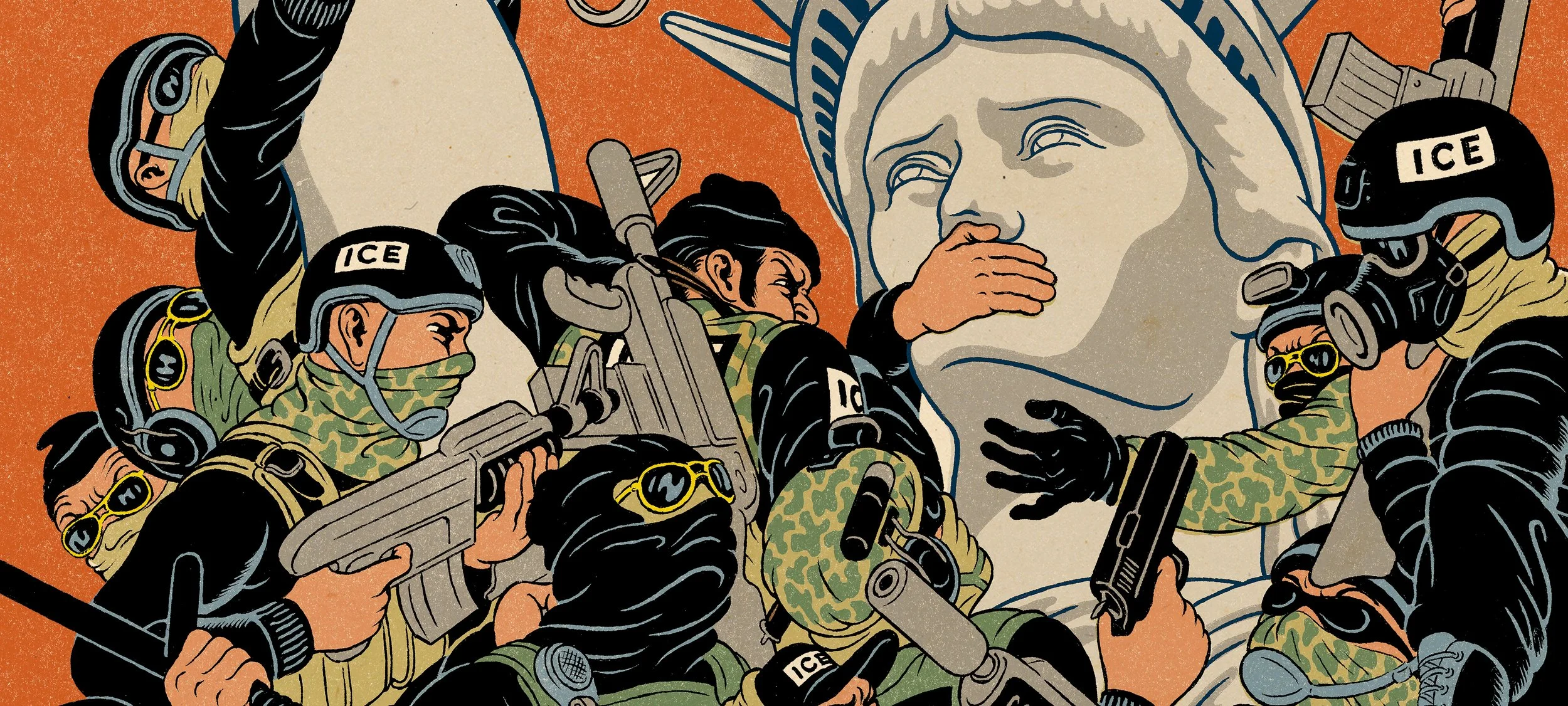 Detail, Tim Lane's 'Abolish ICE for Liberty's Sake' poster. A handful of ICE agents physically muzzle the Statue of Liberty