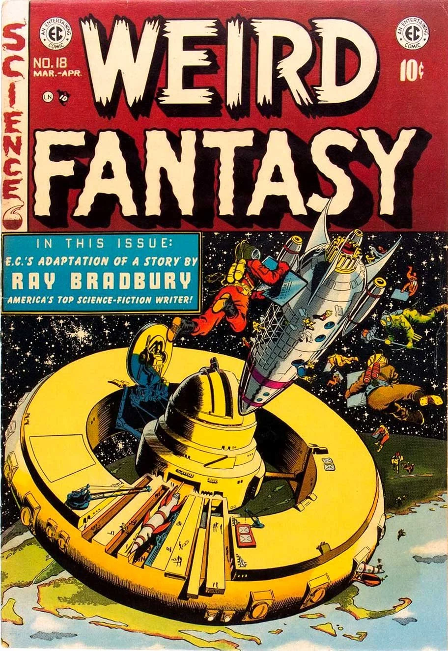 Weird Fantasy #18 comic cover, March/April 1953. Published by EC Comics. Cover illustration by Al Williamson, Al Feldstein, and Roy Krenkel