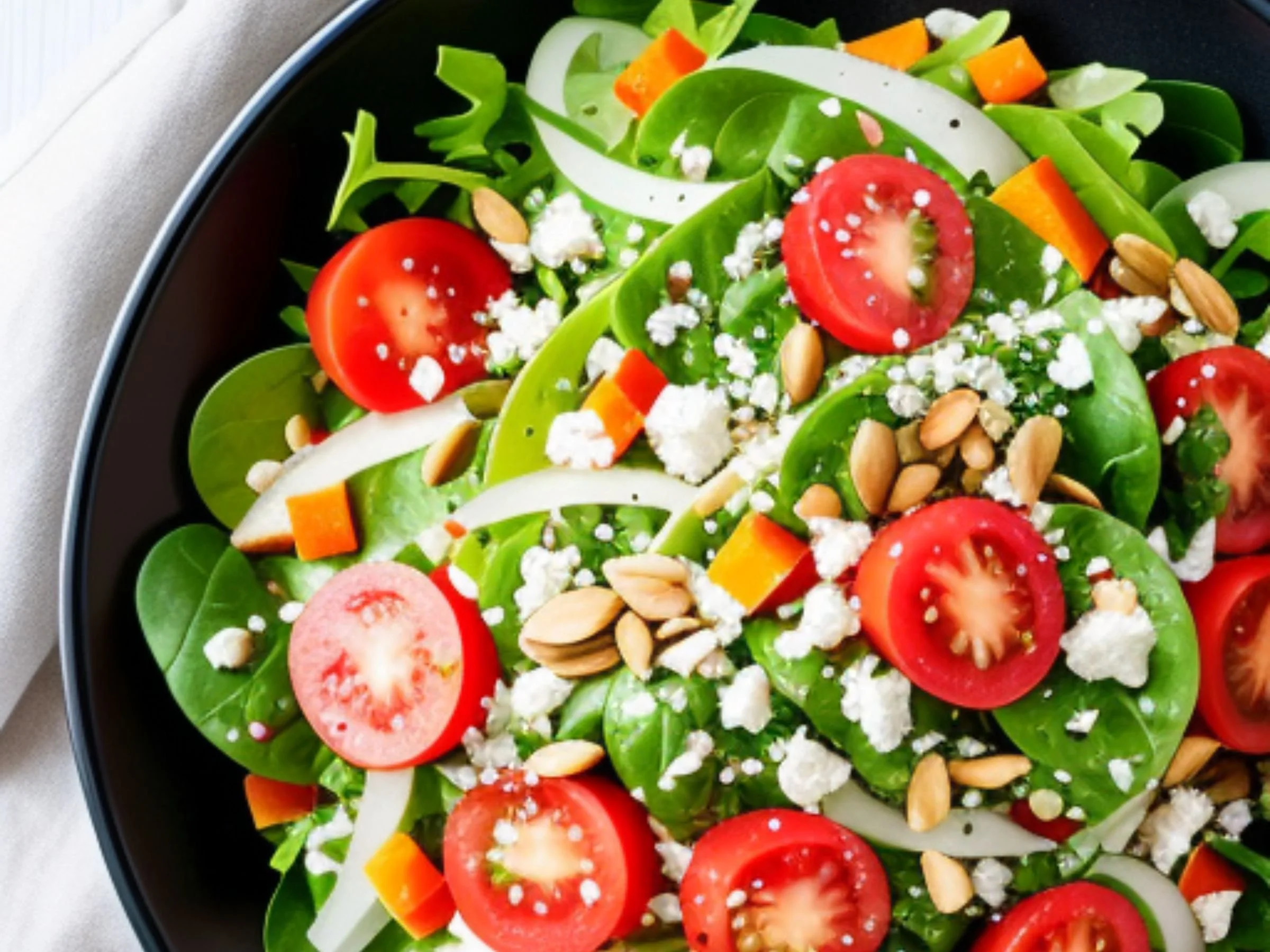 An image of a bowl of fresh salad, containing tomatoes, spinach, feta cheese, onion and pumpkin seeds.