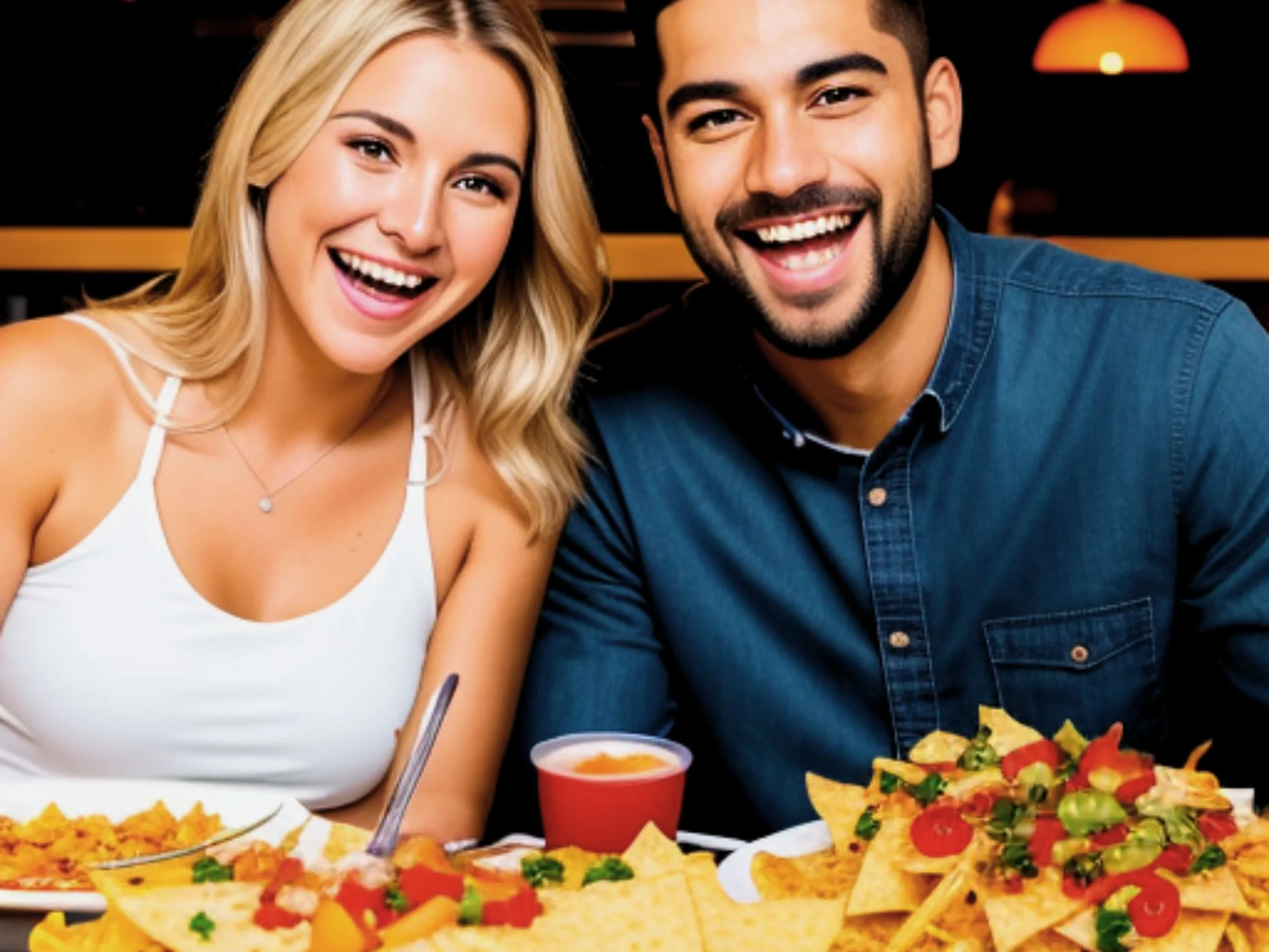 A photograph of two happy, smiling people enjoying a bounty of nachos in a restaurant setting.