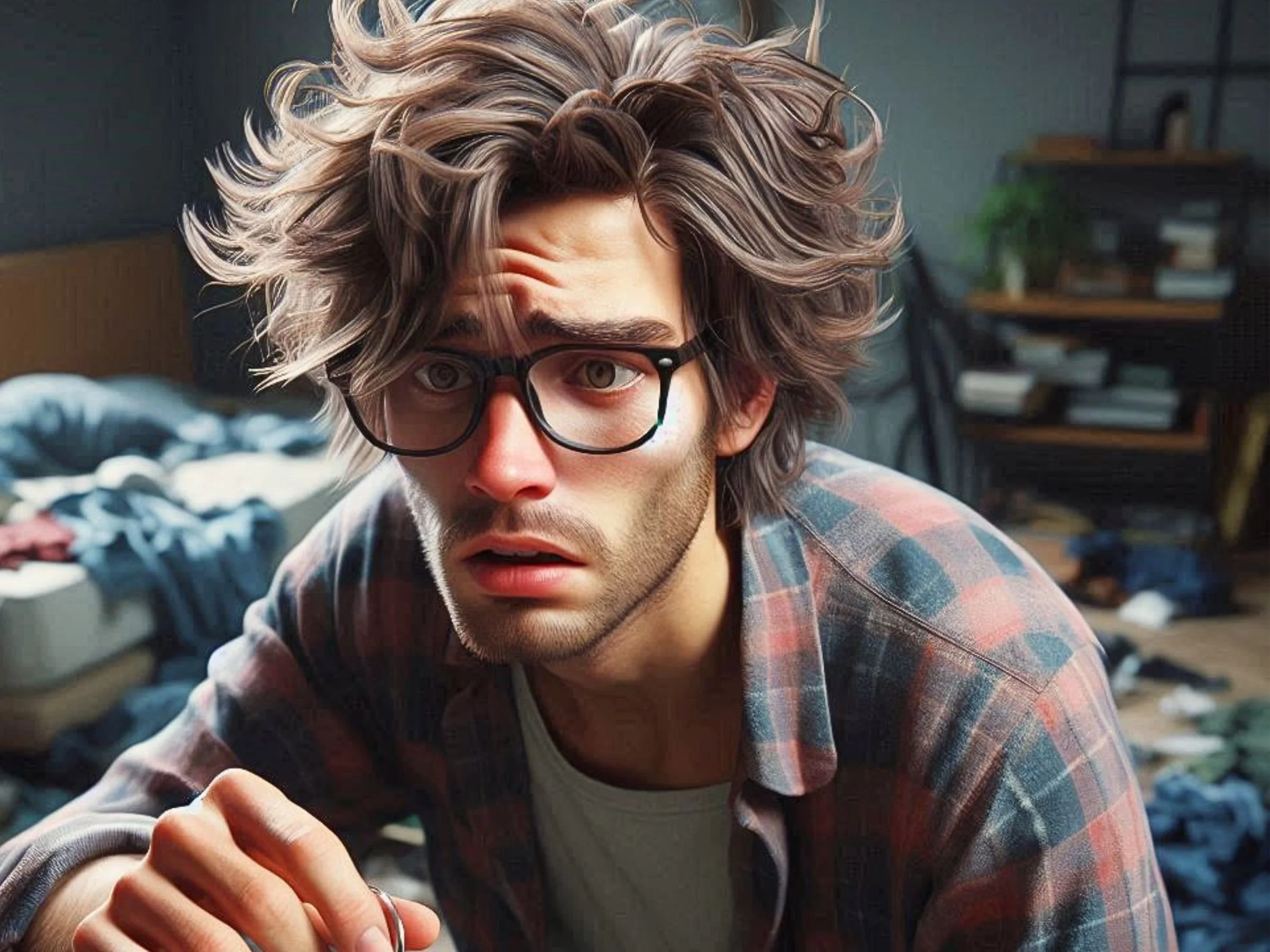 An exhausted man stares helplessly at his computer screen while seated in a messy bedroom.