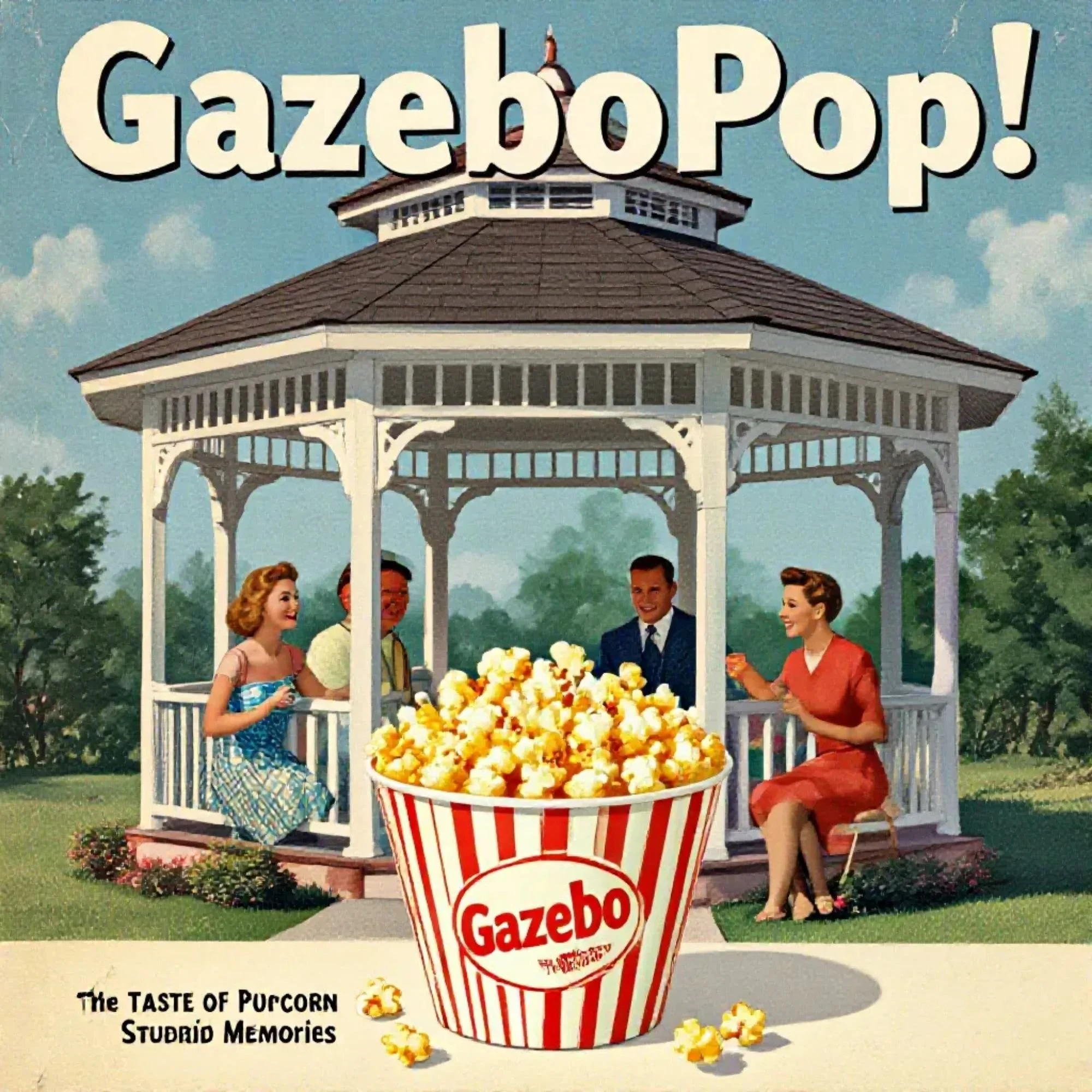 A 1950's style magazine adverstisement for Gazebo Pop! The Gazebo flavored popcorn featuring an oversized bucket of popcorn and a family enjoying an afternoon in a gazebo.
