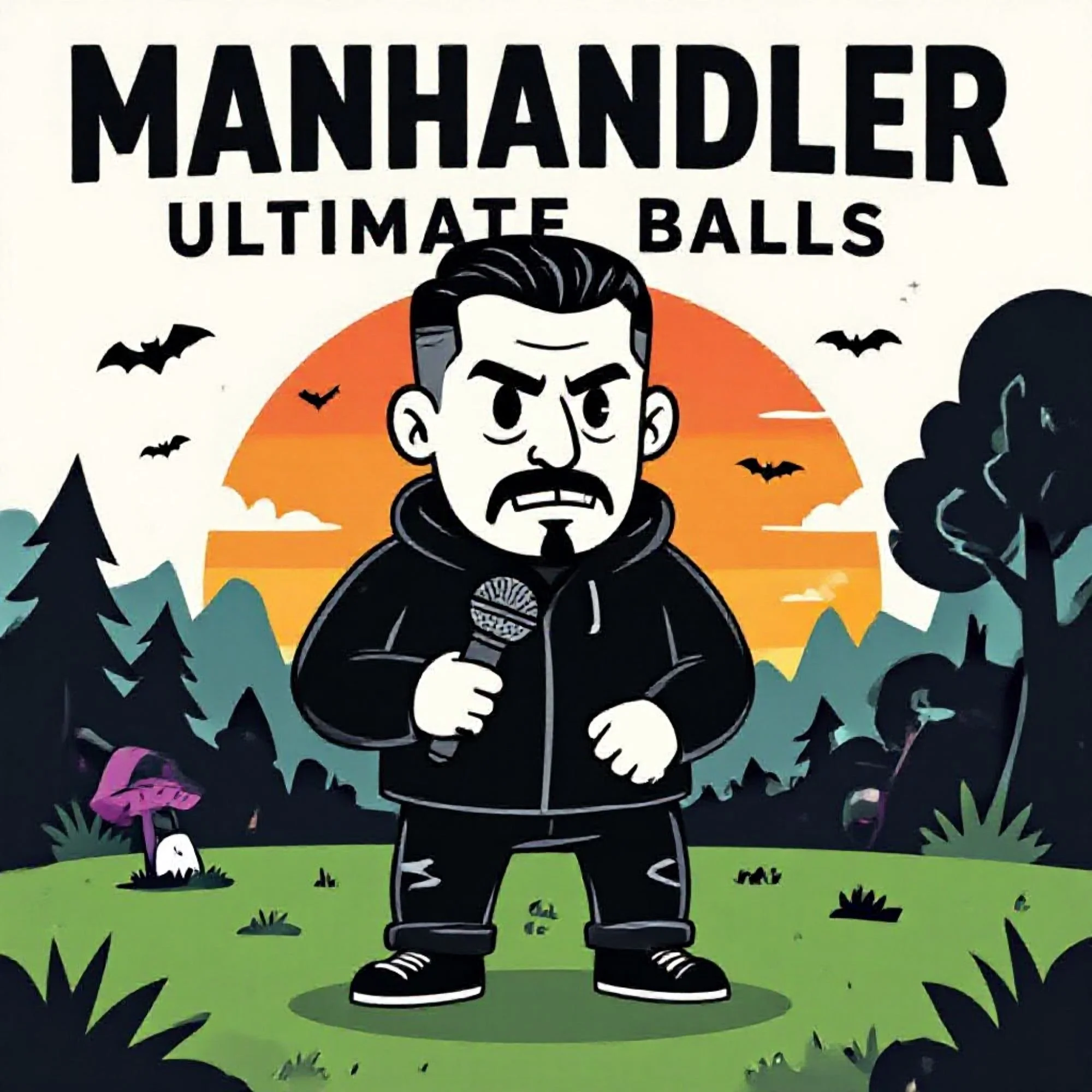 A spooky cartoon image of the rapper known as 'Manhandler' in an outdoor setting. Text reads: 'Ultimate Balls'