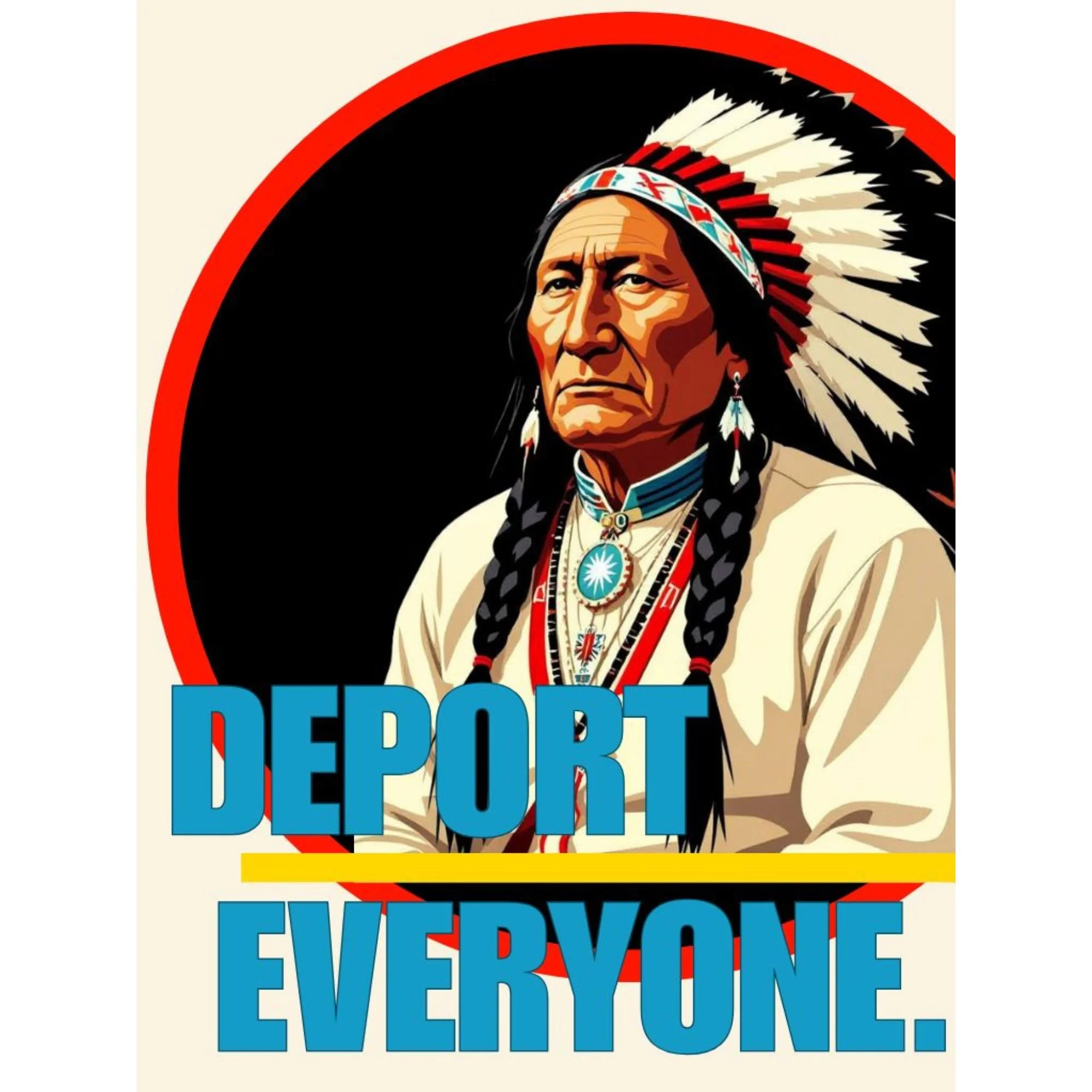 A provacative image in the style of an activist political poster featuring an image of an American Indian. Text reads: 'Deport Everyone.'