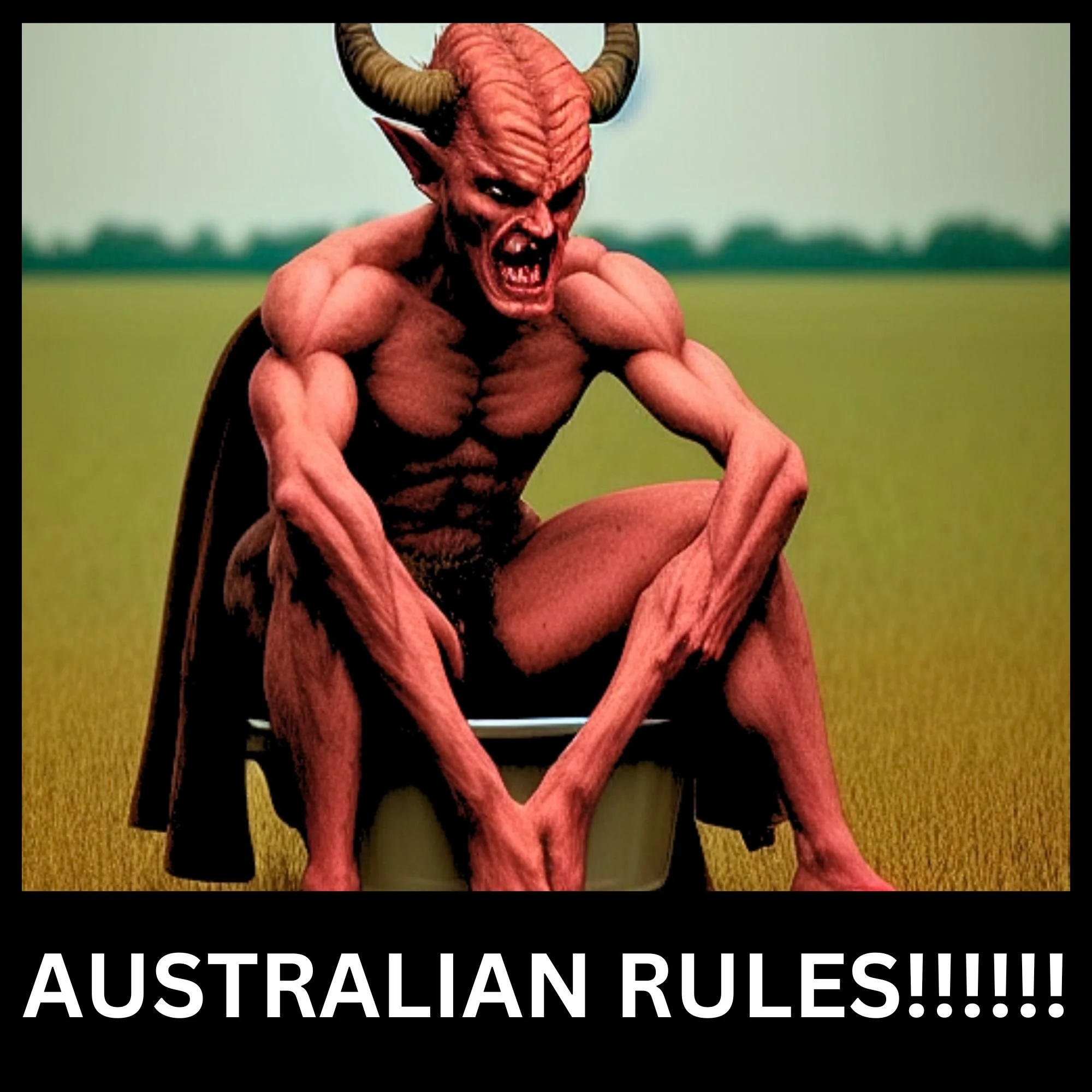An image of the Devil on a toilet in a field of wheat in Australia, text under the image says 'AUSTRALIAN RULES!!!!!!'